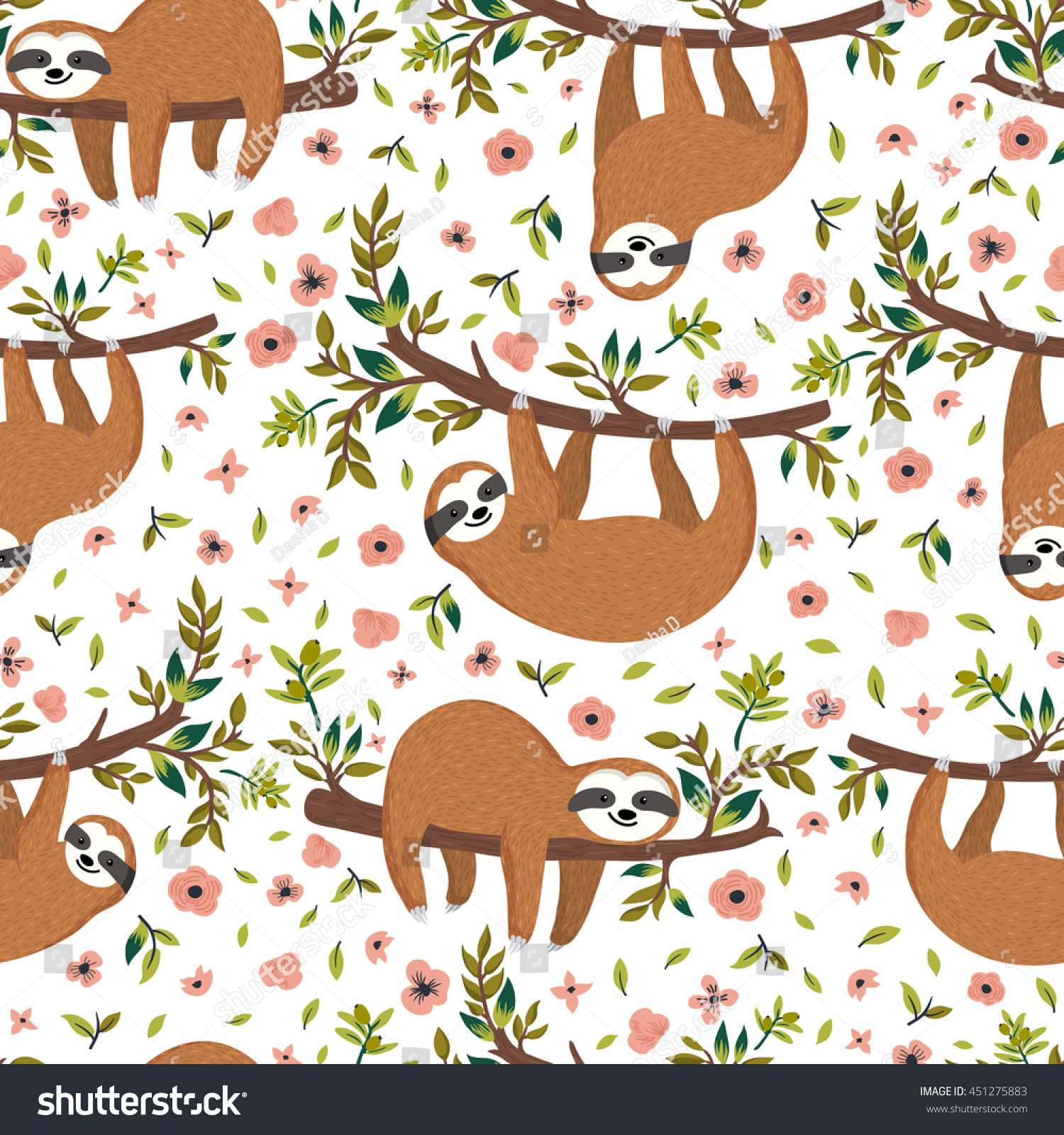 Vector Cute Sloth On Tree Seamless Stock Vector 451275883 - Shutterstock