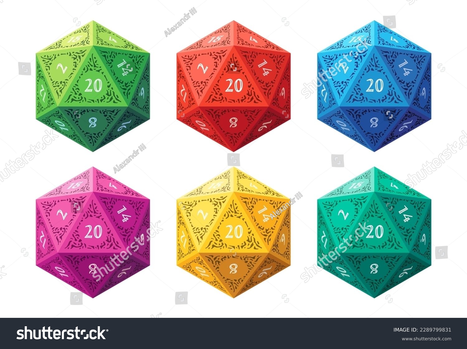 SVG of Vector D20 Dice for Board Games, 6 Color Variants svg