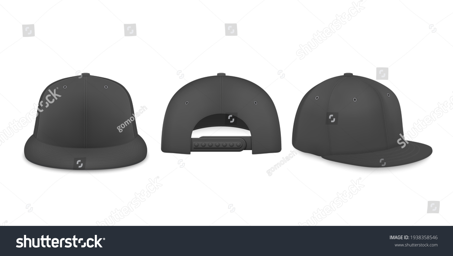 SVG of Vector 3d Realistic Black Blank Baseball Cap, Snapback Cap Icon Set Closeup Isolated on White Background. Design Template, Mock-up for Branding, Advertise. Front, Back, Side View svg