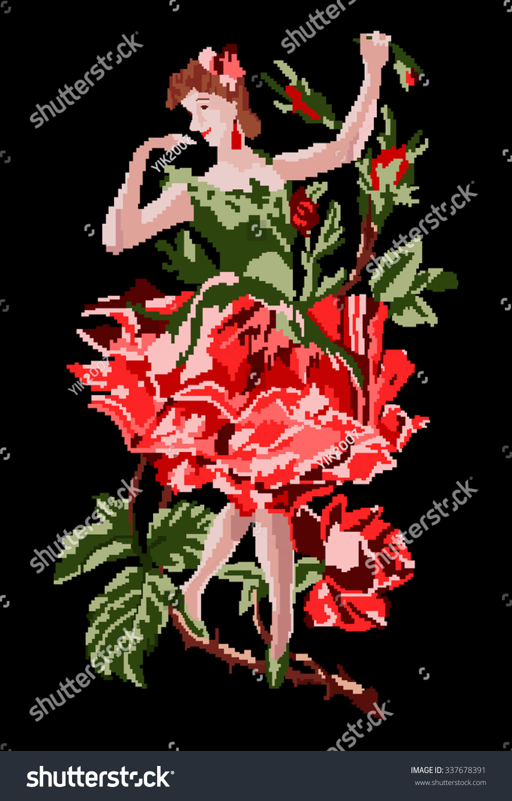 Girl as flower rose dancing in a branch using traditional Ukrainian embroidery elements