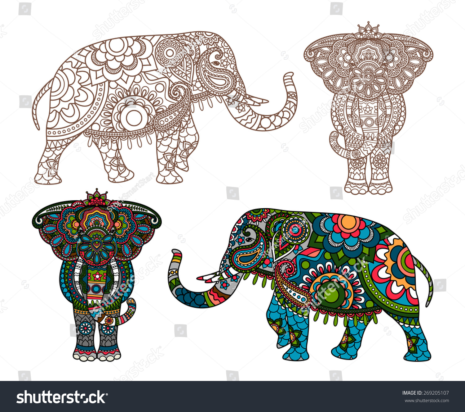 SVG of Vector decorated Indian Elephant silhouette and colored svg