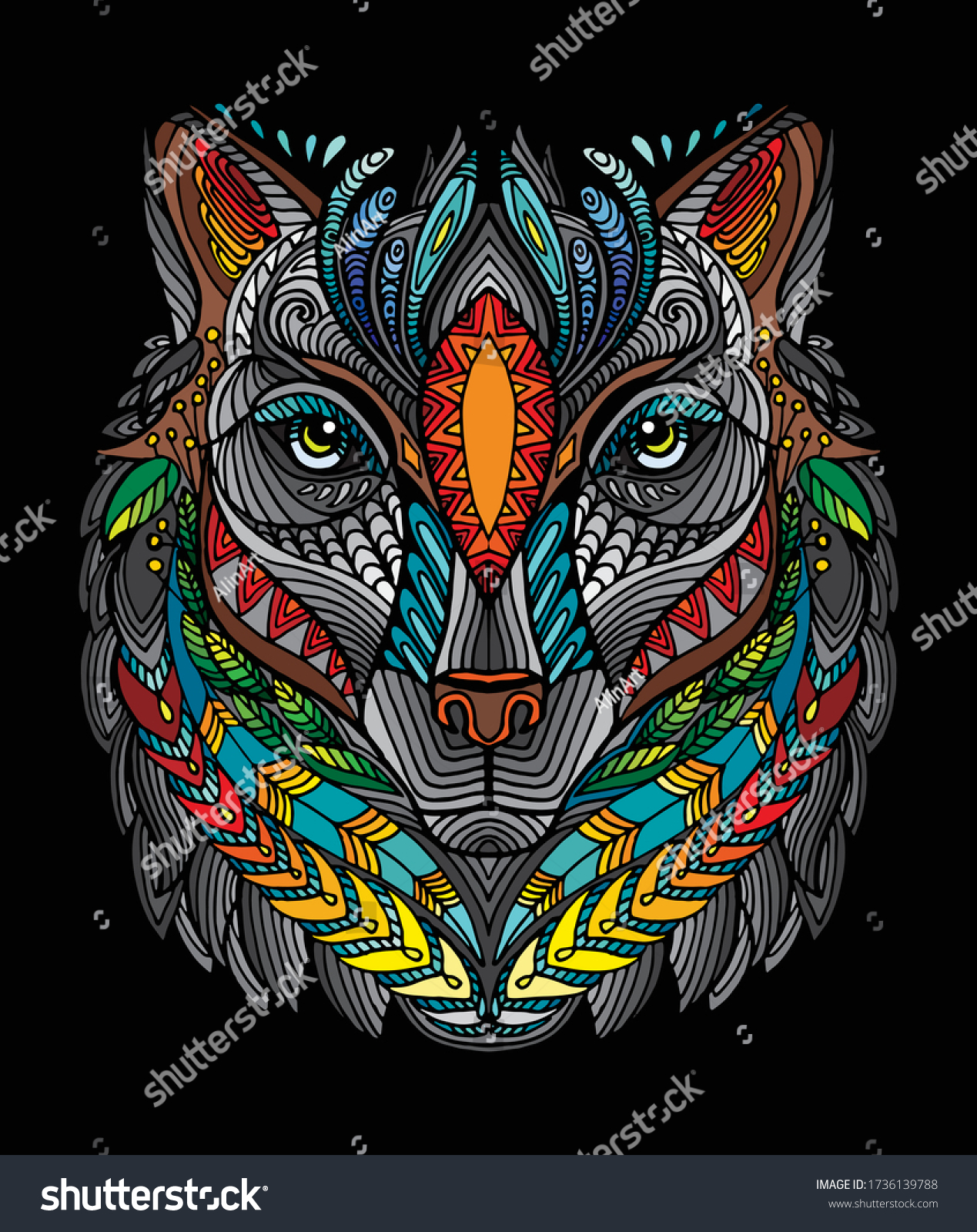 SVG of Vector decorative doodle ornamental head of wolf. Abstract vector colorful illustration of wolf head isolated on black background. Stock illustration for print, design and tattoo.  svg