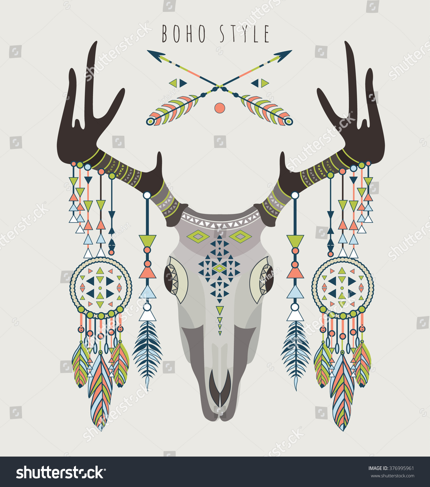 Vector Deer Skull Rustic AntlersTribal Style Arrows Dream Catchers Navajo Vector Deer Skull Rustic AntlersTribal Style Arrows Dream Catchers Navajo