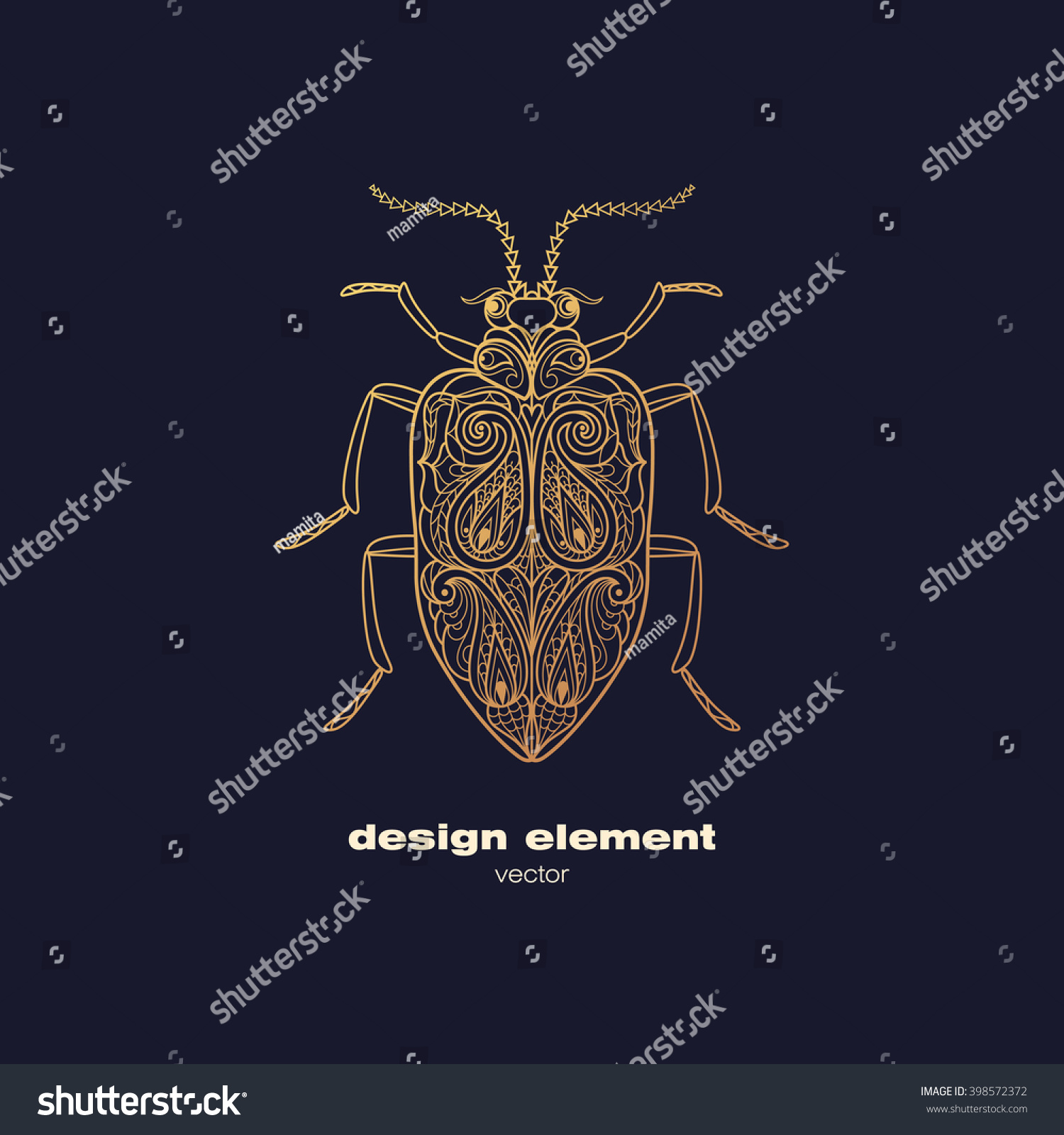 SVG of Vector design element - beetle. Icon decorative insect isolated on black background. Modern decorative illustration. Template for logo, emblem, sign, poster. Concept of gold foil print. svg