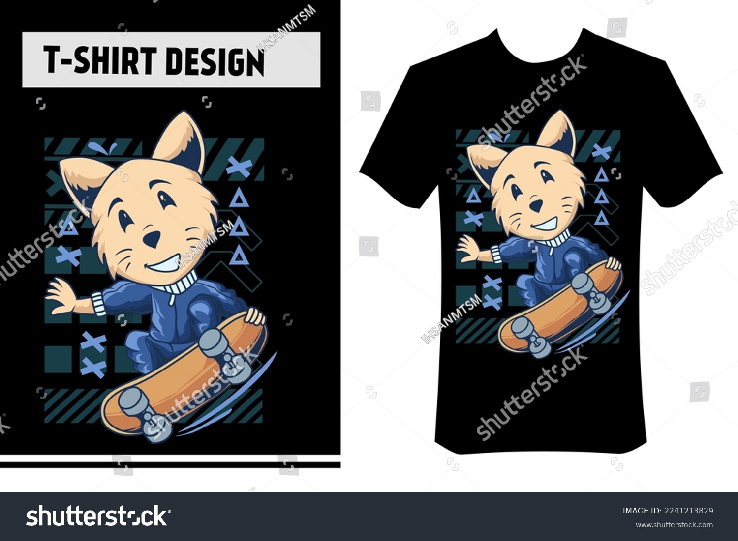 SVG of vector design for t-shirt, illustration of a dog playing skateboard, wearing a board and jacket. with a street wear concept, perfect for clothing, hoodies, apparel, merchandise, stickers, posters. svg