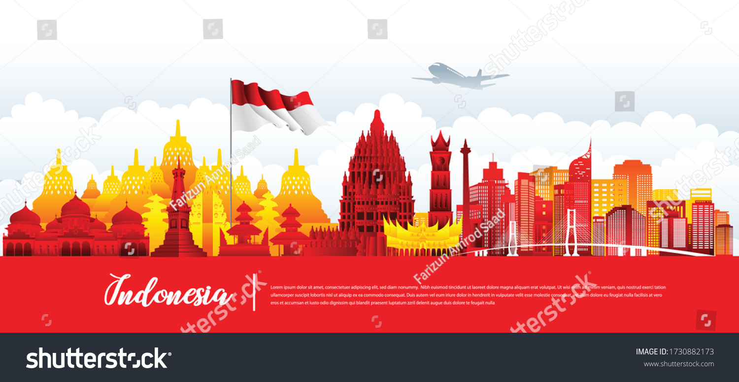 SVG of Vector design Ilustration of Indonesia landmark and flag. Indonesia garden theme and travel concept. svg