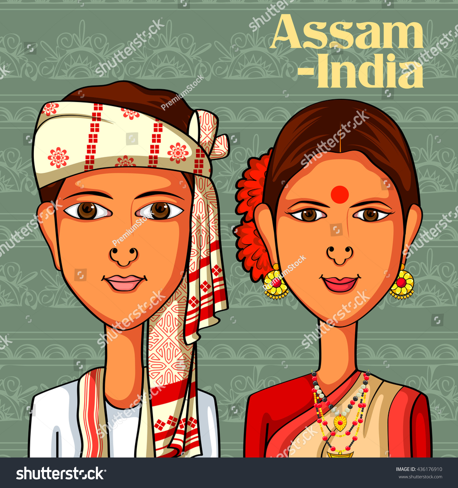 Vector Design Assamese Couple Traditional Costume Stock Vector (Royalty ...