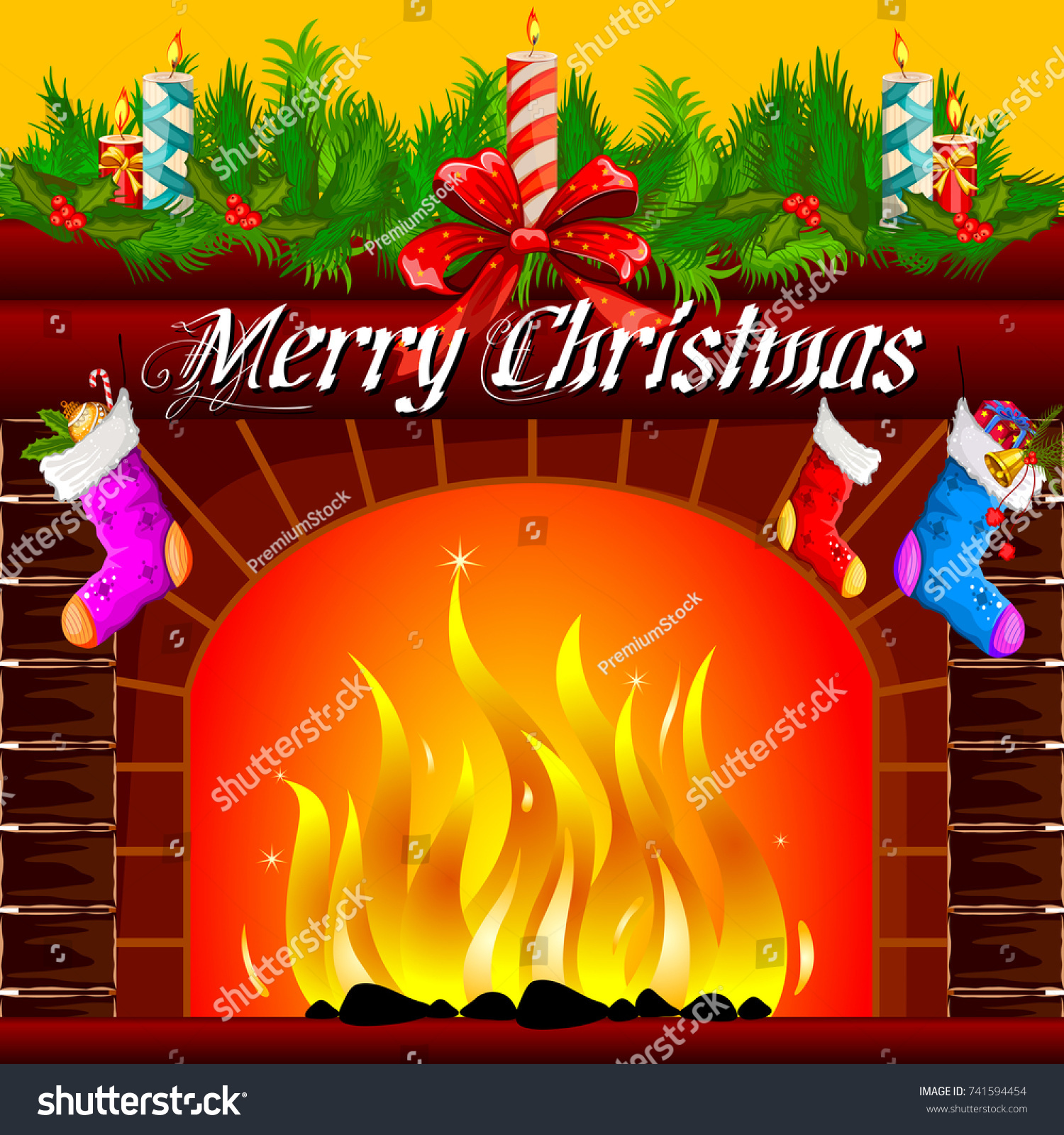 Vector Design Decorated Fireplace Merry Christmas Stock Vector Royalty Free 741594454