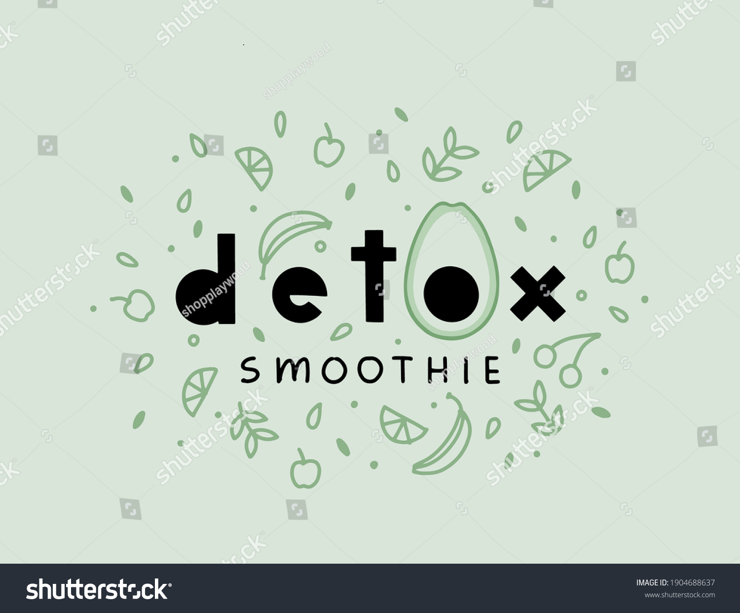 SVG of Vector detox smoothie poster in doodle flat style. Vector lettering detox smoothie with fruits and vegetables healthy food. Detox Vector Lettering with avocado icon. Detox diet concept. svg