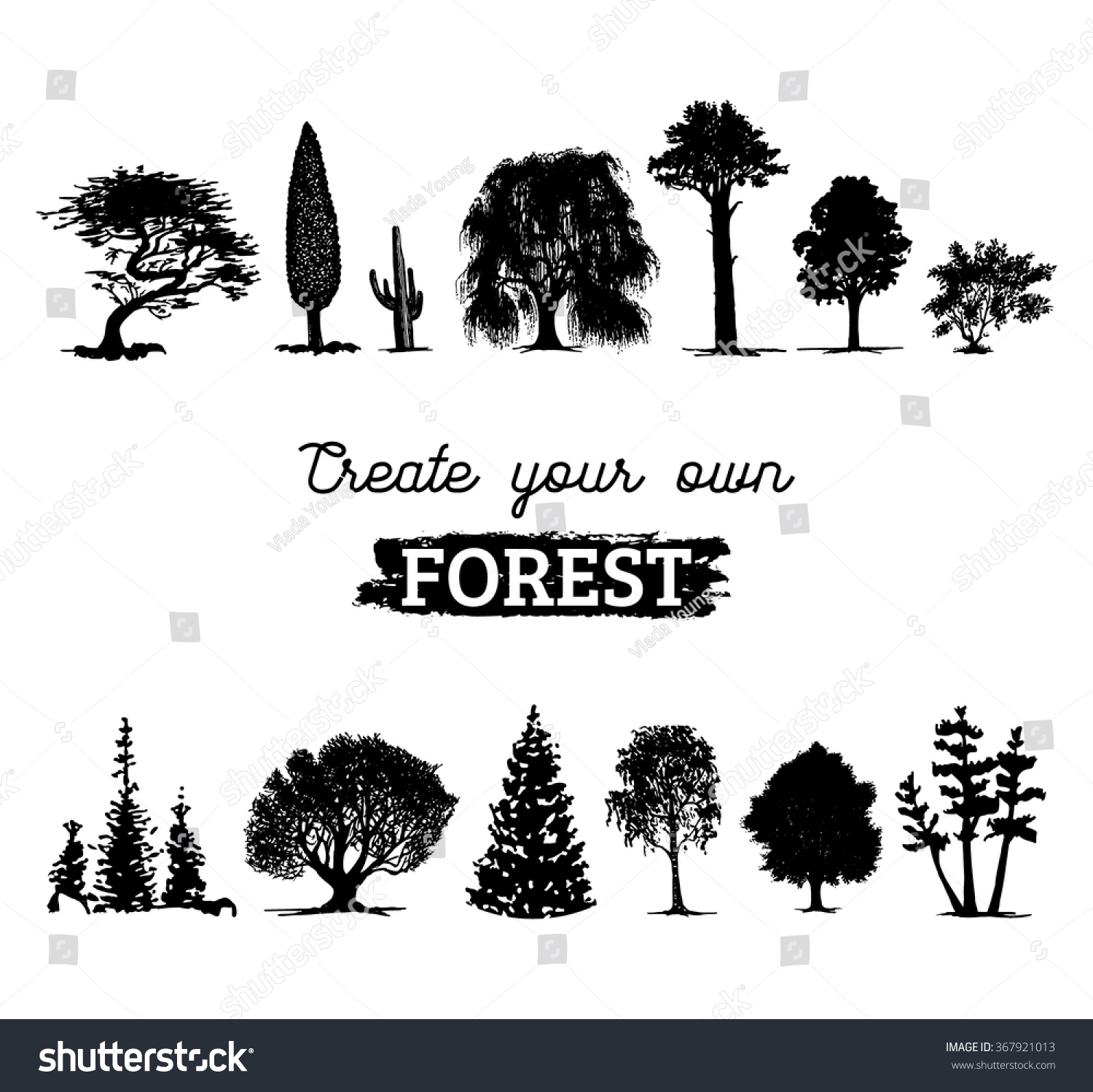 SVG of Vector different trees silhouettes. Create your own forest. Black woods icons set. Grove constructor.  svg