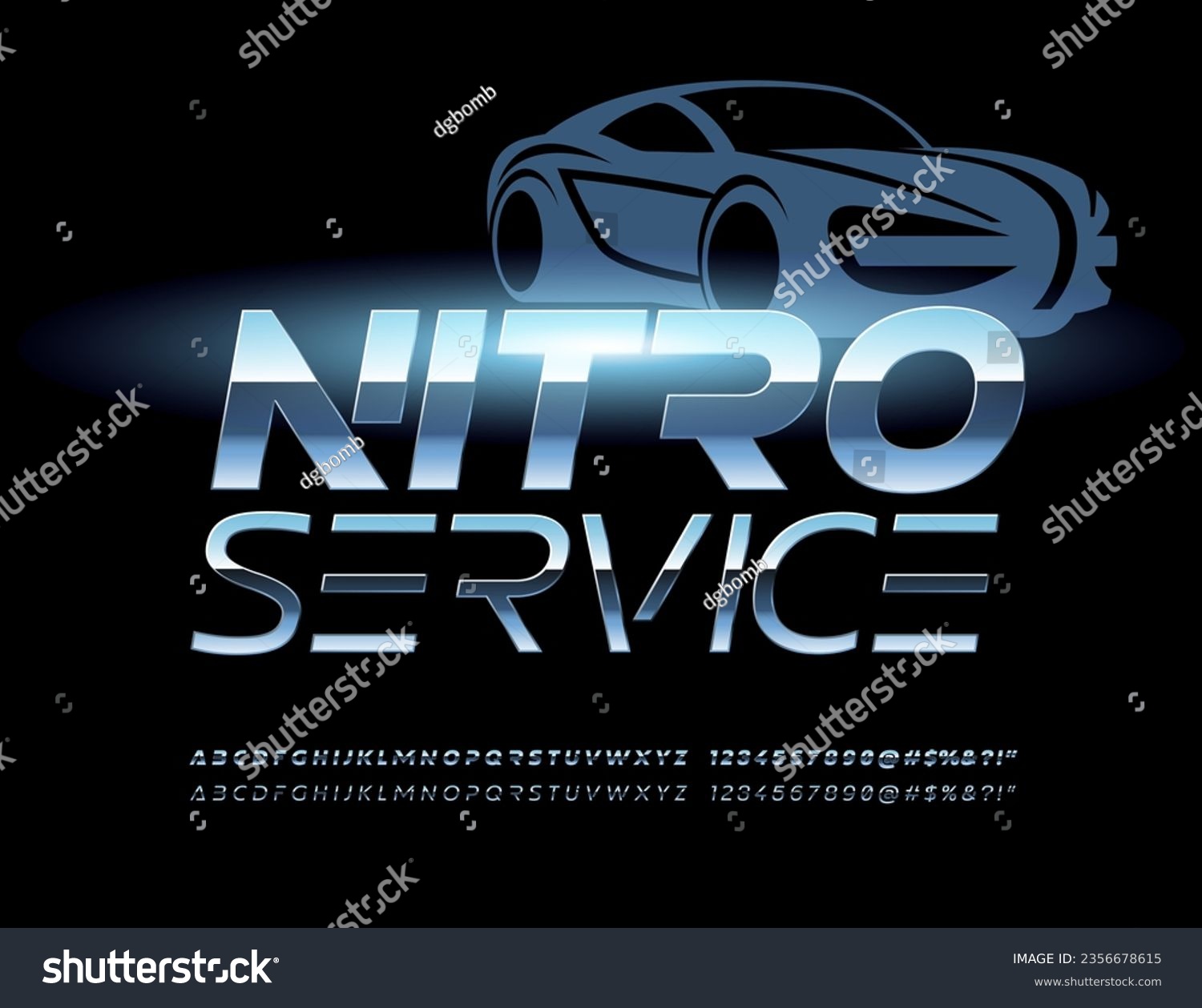 SVG of Vector digital banner Nitro Service with abstract metallic Font. Unique set of Bold and Slim modern style Alphabet Letters, Numbers and Symbols svg