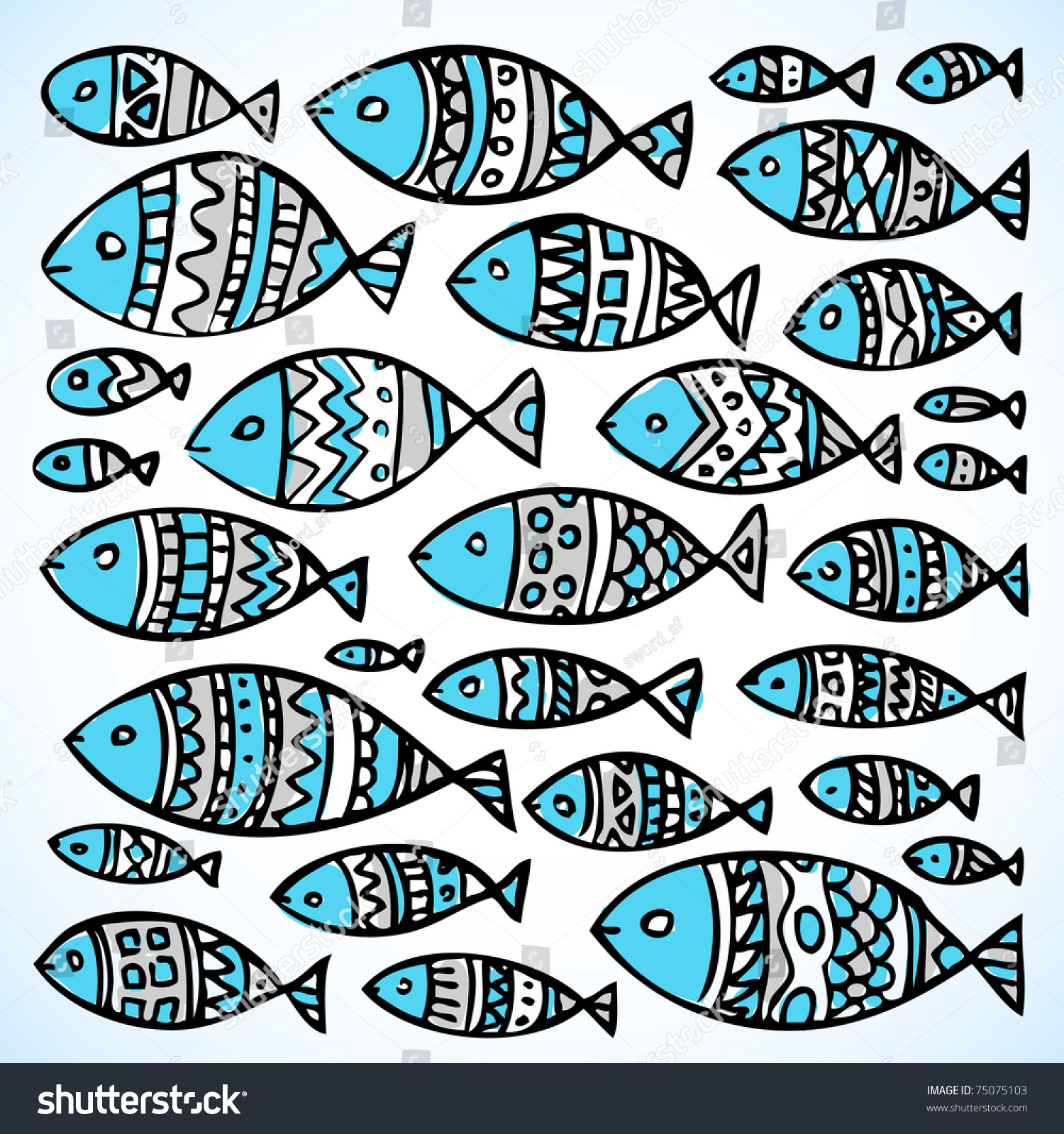 Vector Doodle Decorative Fish Set - 75075103 : Shutterstock