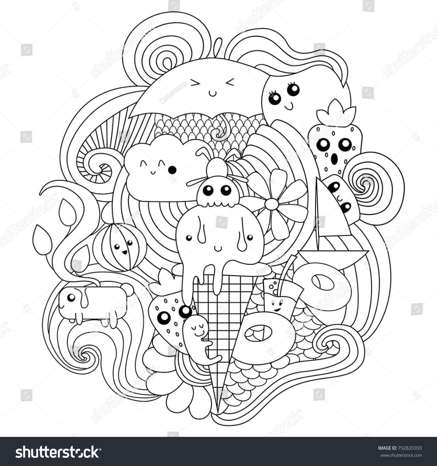 Vector Doodle Illustration Summer Pattern Coloring Stock Vector ...