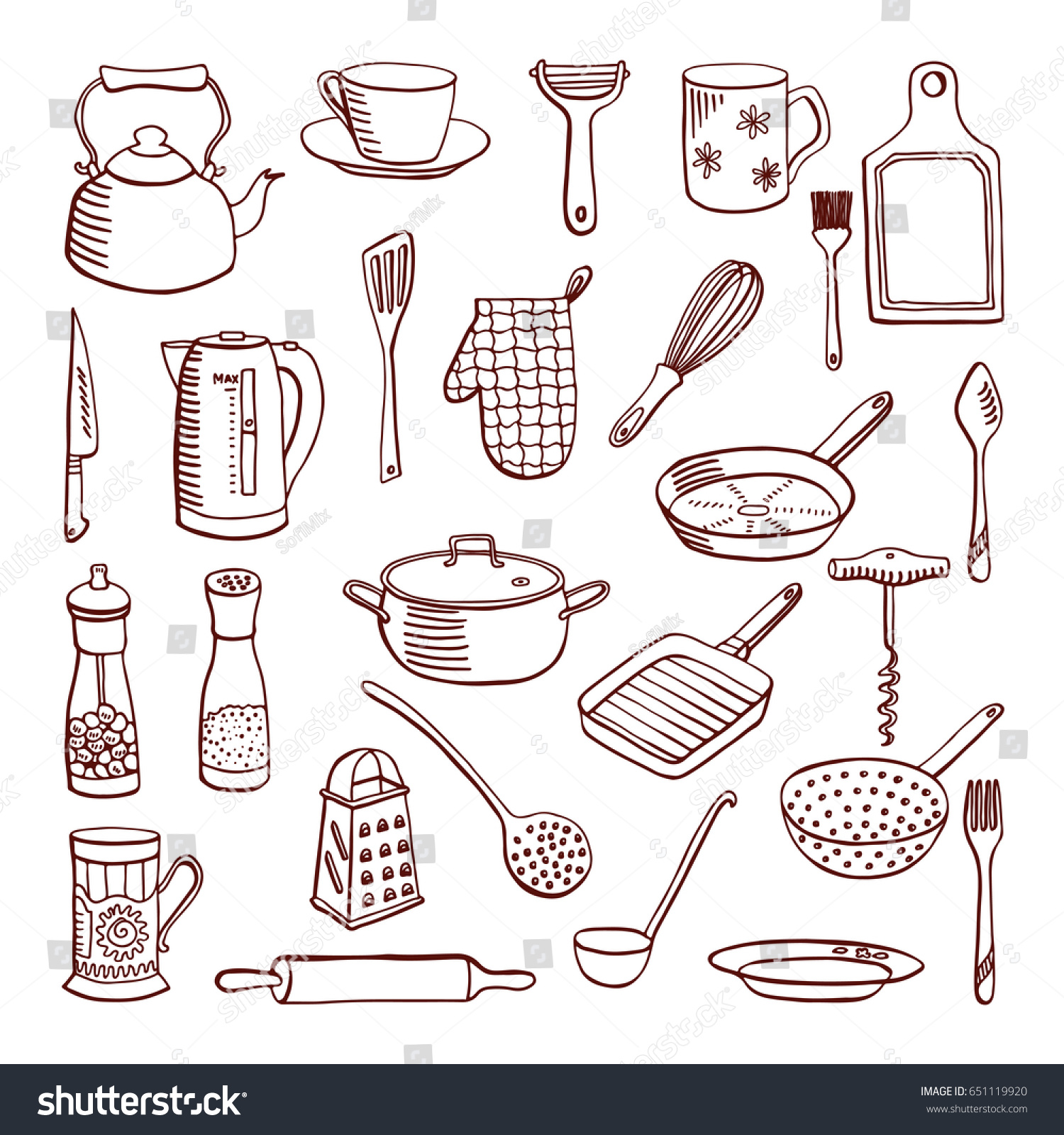 Vector Doodle Set Kitchenware Items Drawing Stock Vector (Royalty Free ...