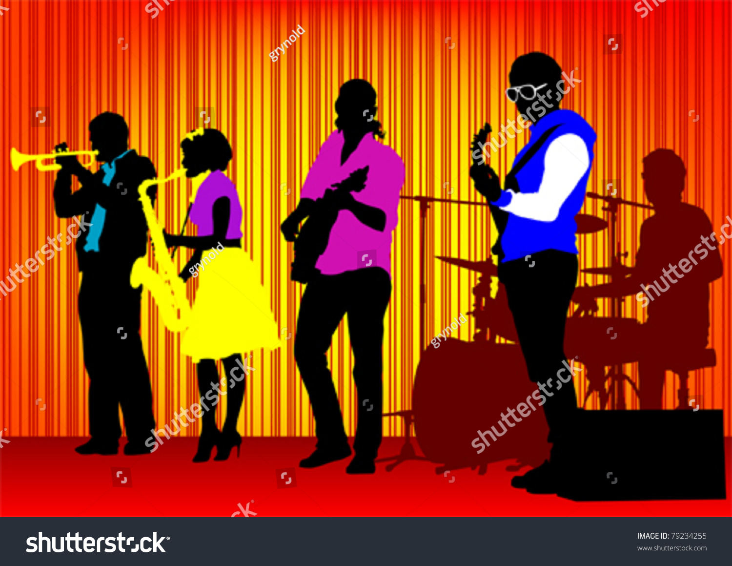 Vector Drawing Concert Of Jazz Music. Silhouettes On Color Background ...