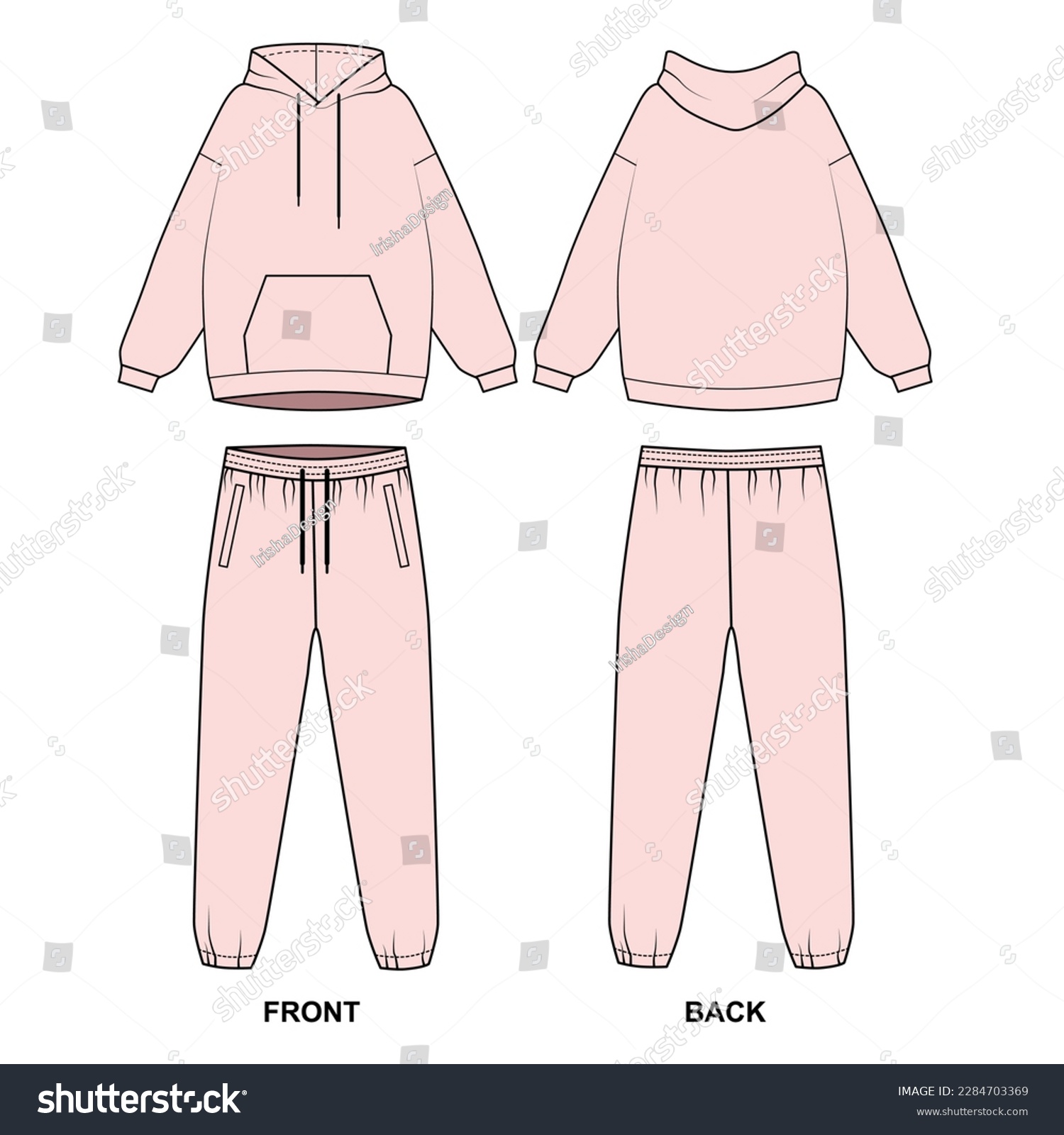 SVG of Vector drawing of a fashionable tracksuit in pink. Hoodie template with pocket and drawstring joggers. Women's suit in casual style, front and back view. Sports pants and hoodie, vector. svg