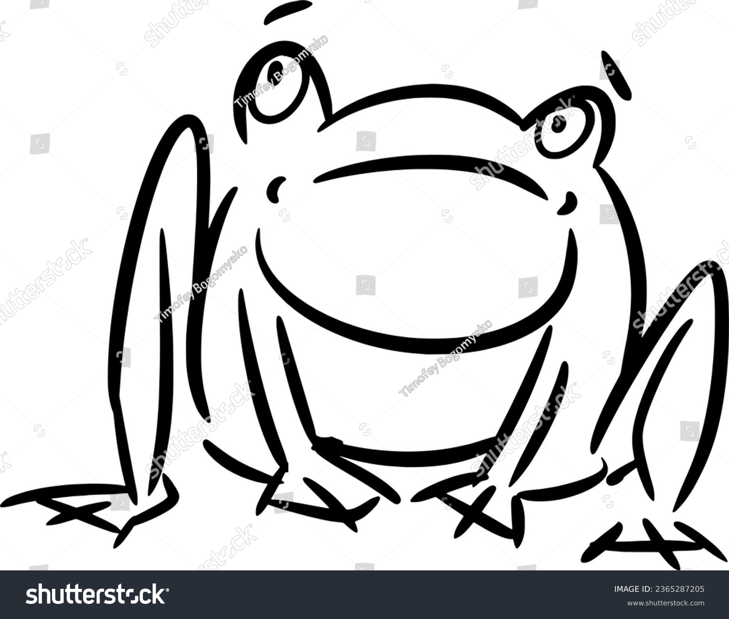 SVG of Vector drawing of a scared frog, toad. Hand drawn, contour,silhouette, sketch black and white, doodle, cartoon style. Cute, silly, amphibia, animal, swamp, fright, small, funny, water. svg