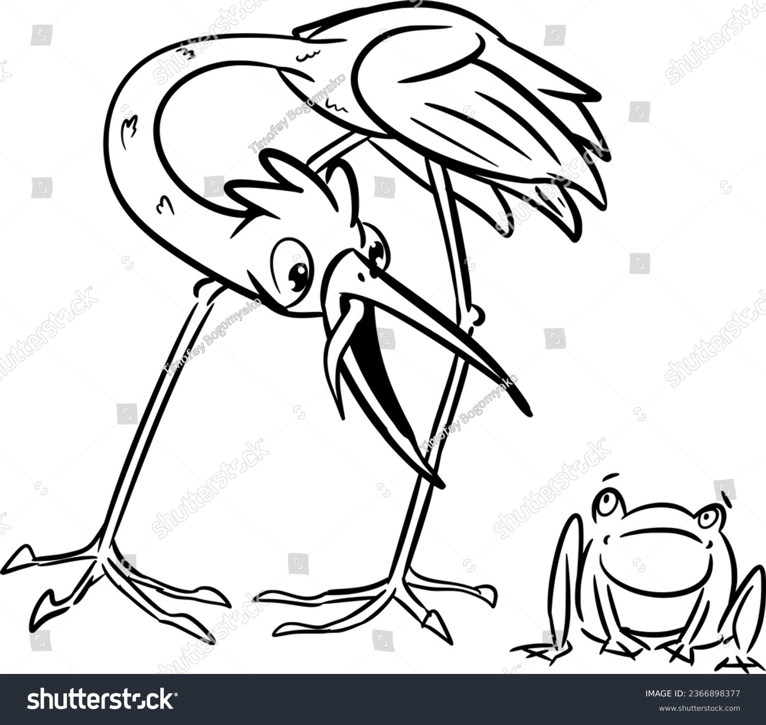 SVG of Vector drawing of big stork,egret and small frog,toad. Hand drawn, cartoon style,doodle,black and white,contour, silhouette,sketch. Animal,bird,amphibia,wild,swamp,nature,cute,silly,funny,character. svg