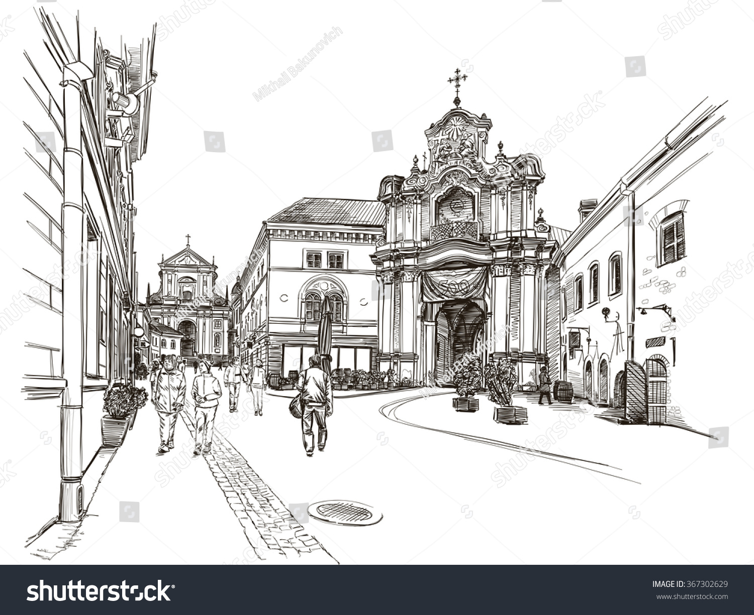 Vector Drawing Central Street Old European Stock Vector (Royalty Free ...