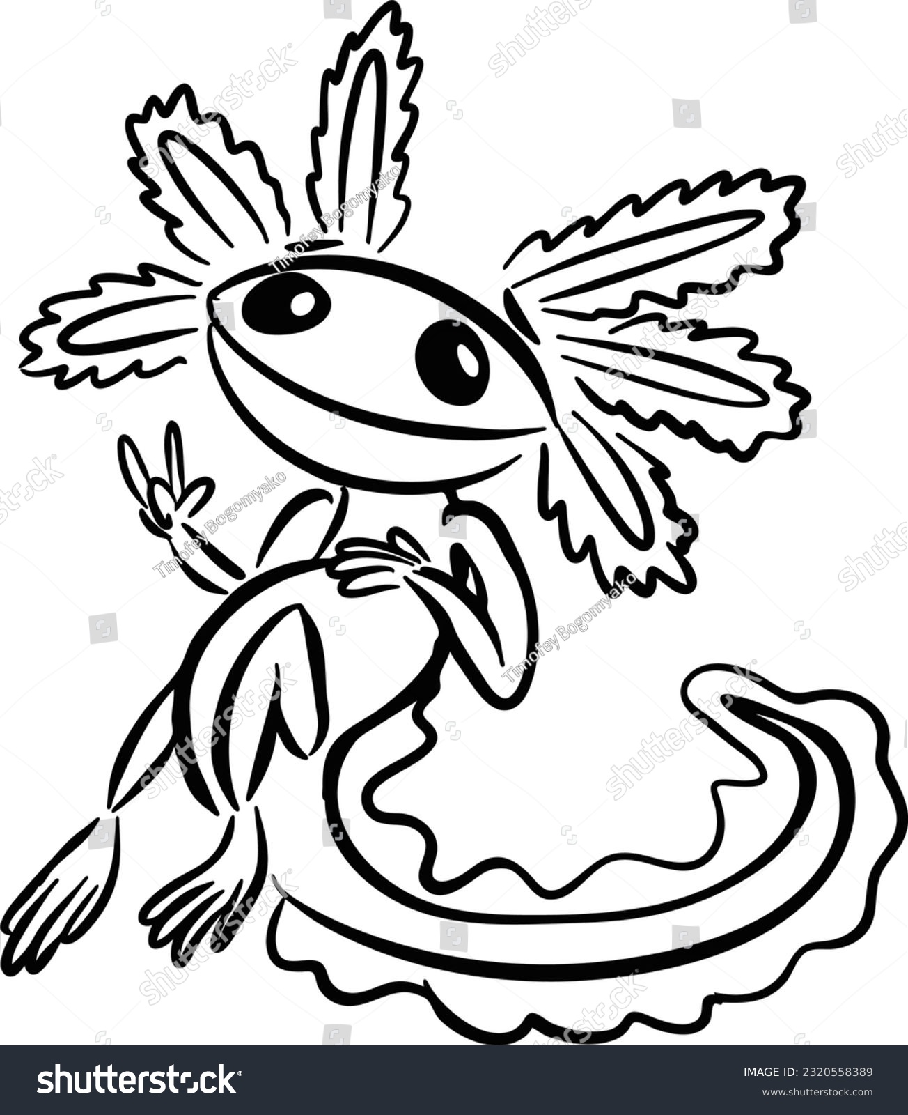 SVG of Vector drawing of happy peaceful Axolotl. Hand drawn, black and white, contour, silhouette, sketch, flat, doodle, cartoon style. Cute,silly,nice,beautiful,animal,amphibia,water,tail,eyes,character. svg