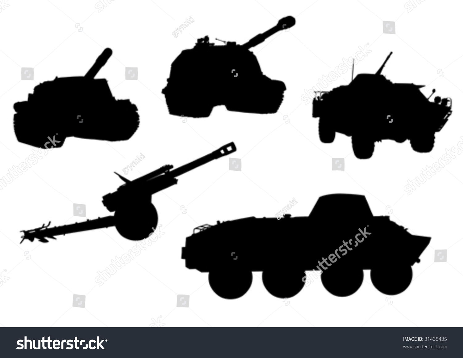 Vector Drawing Of Military Equipment, Black Silhouettes Against A White ...