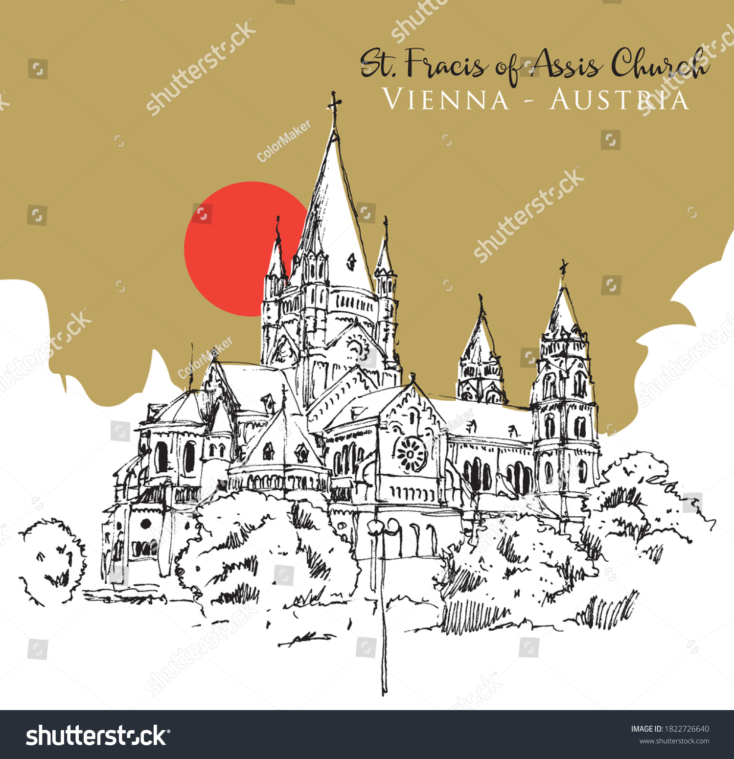 Vector Drawing Sketch Illustration St Francic Stock Vector Royalty   Stock Vector Vector Drawing Sketch Illustration Of St Francic Of Assisi In Vienna Austria 1822726640 