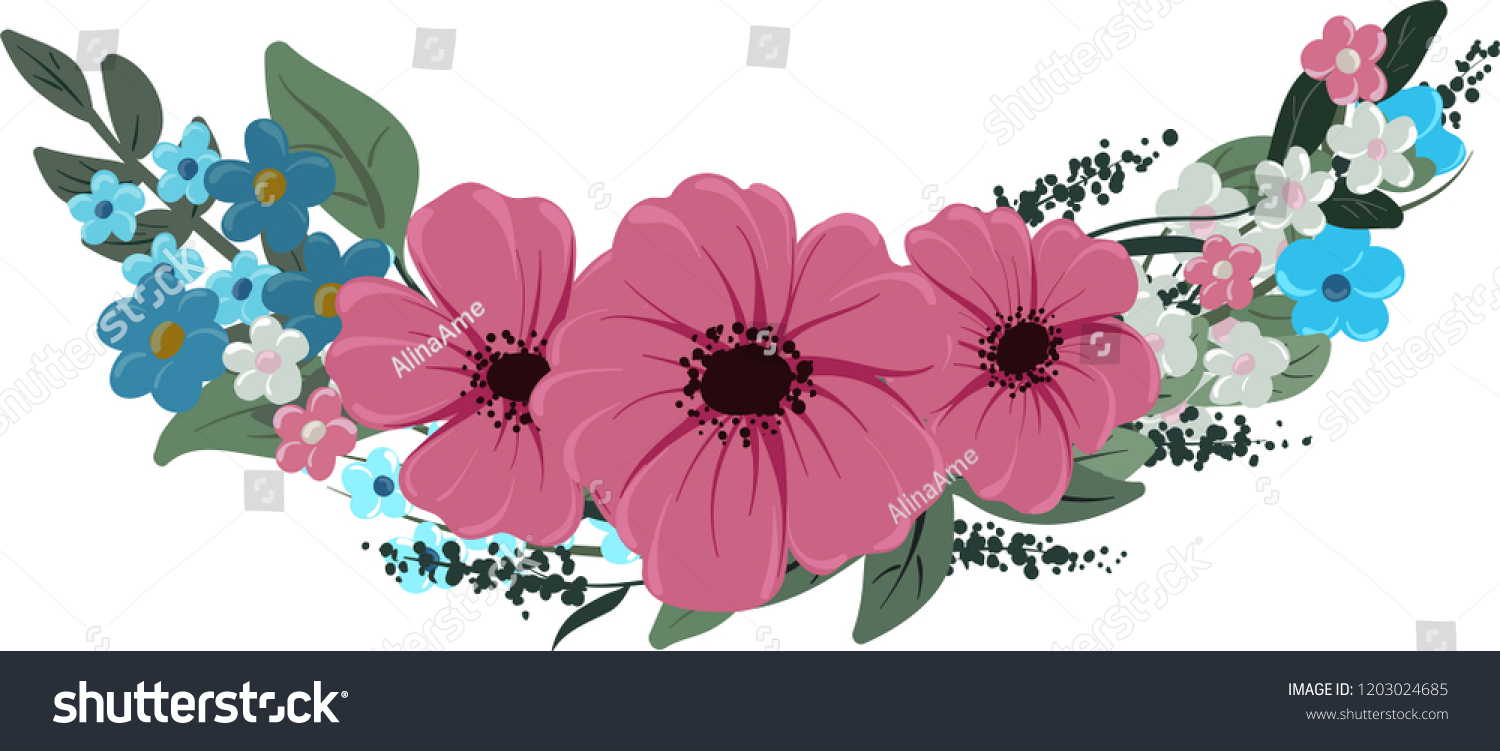 SVG of vector drawings of half round wreath with leaves and cute flowers, floral frame svg