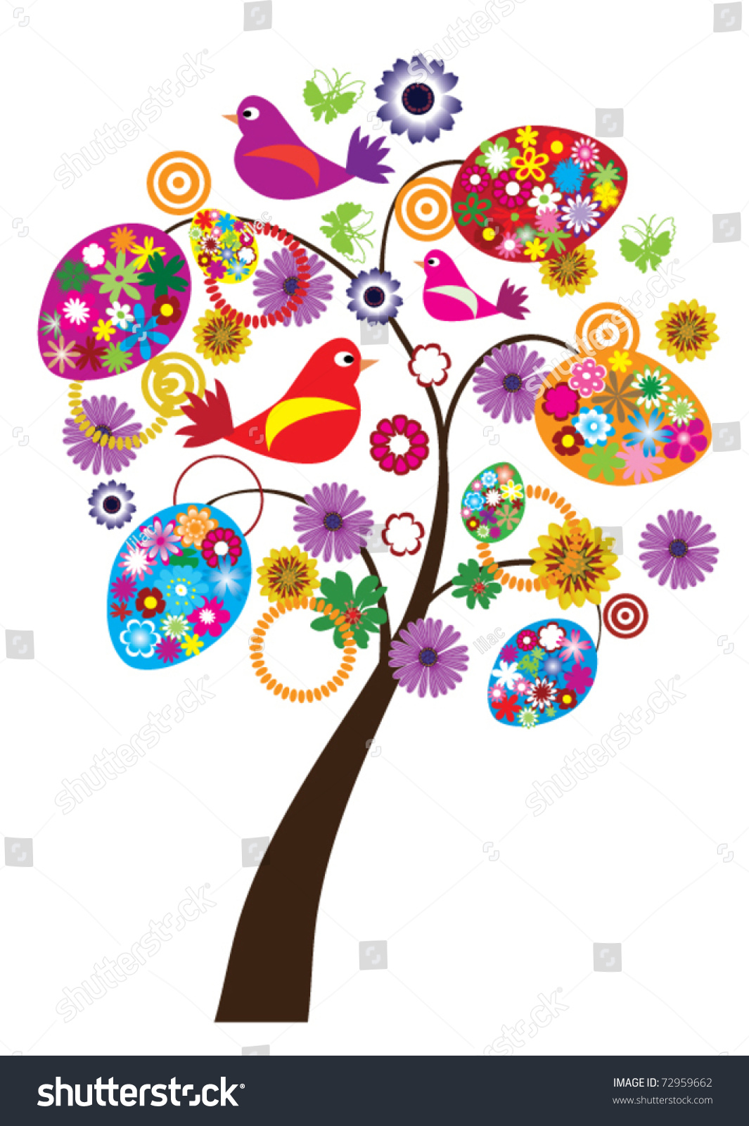 Vector Easter Tree With Floral Eggs, Birds And Butterflies - 72959662 ...