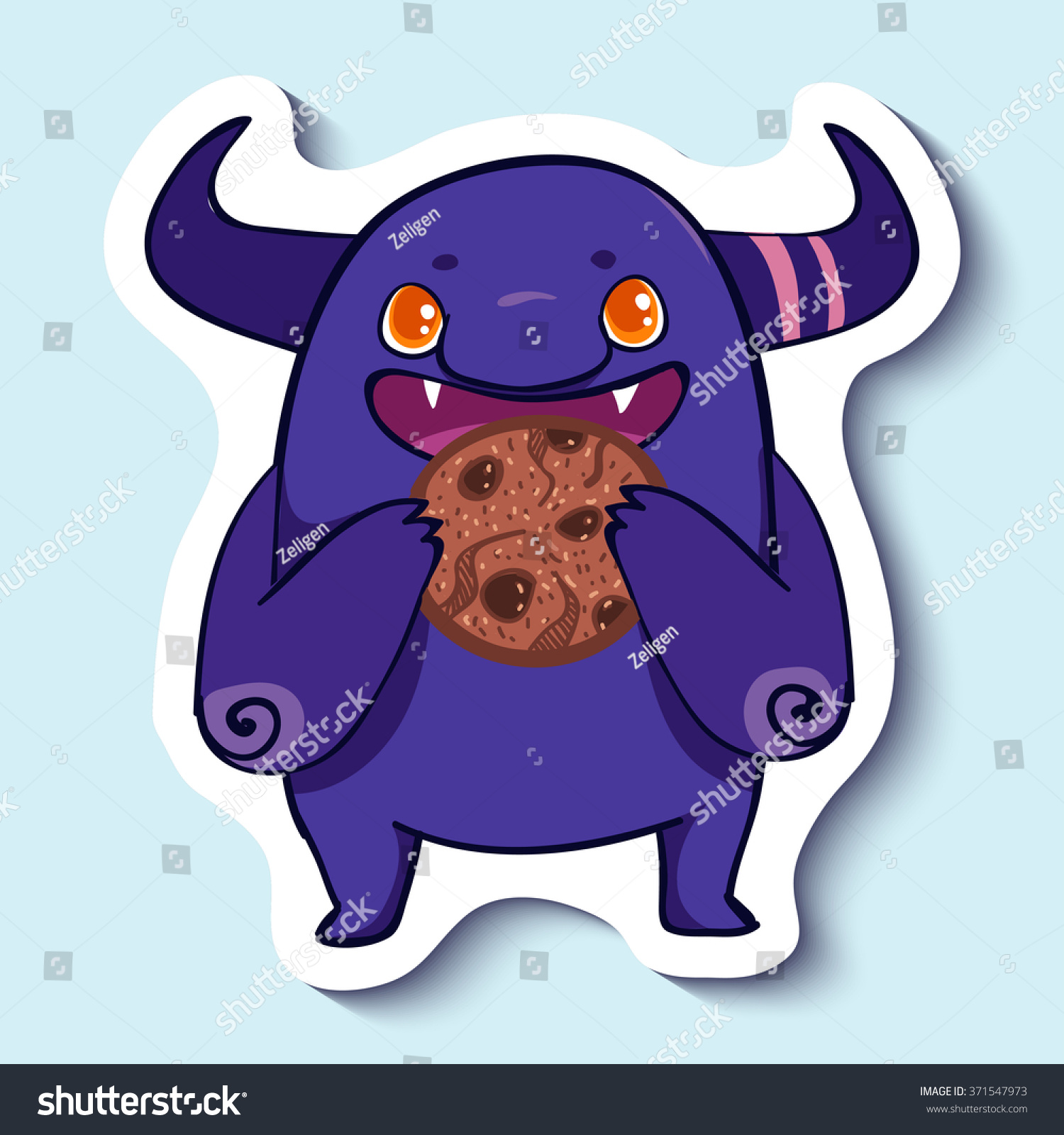 SVG of Vector emotion sticker with cute eating monster on blue background. Monster eats a big yammy cookie. Breakfast. Have a meal. svg