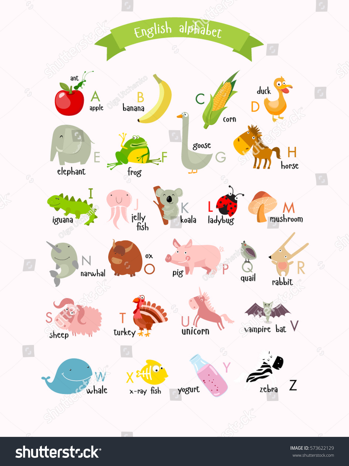 Vector English Alphabet Cartoon Animals Food Stock Vector Royalty Free