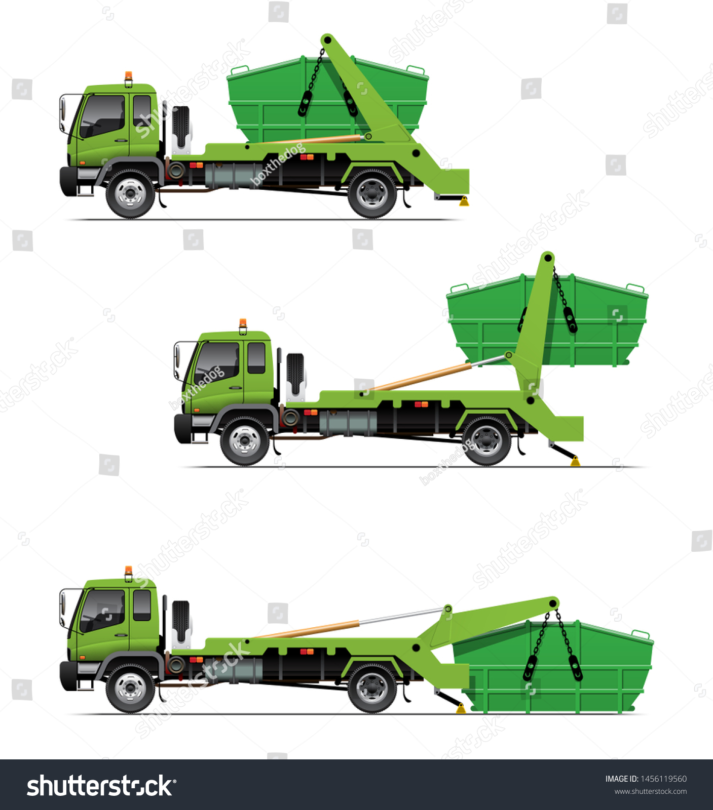 SVG of VECTOR EPS10 - lugger truck, swing arm garbage truck, waste disposal truck, skip loader, action when pick up a container, isolated on white background. svg