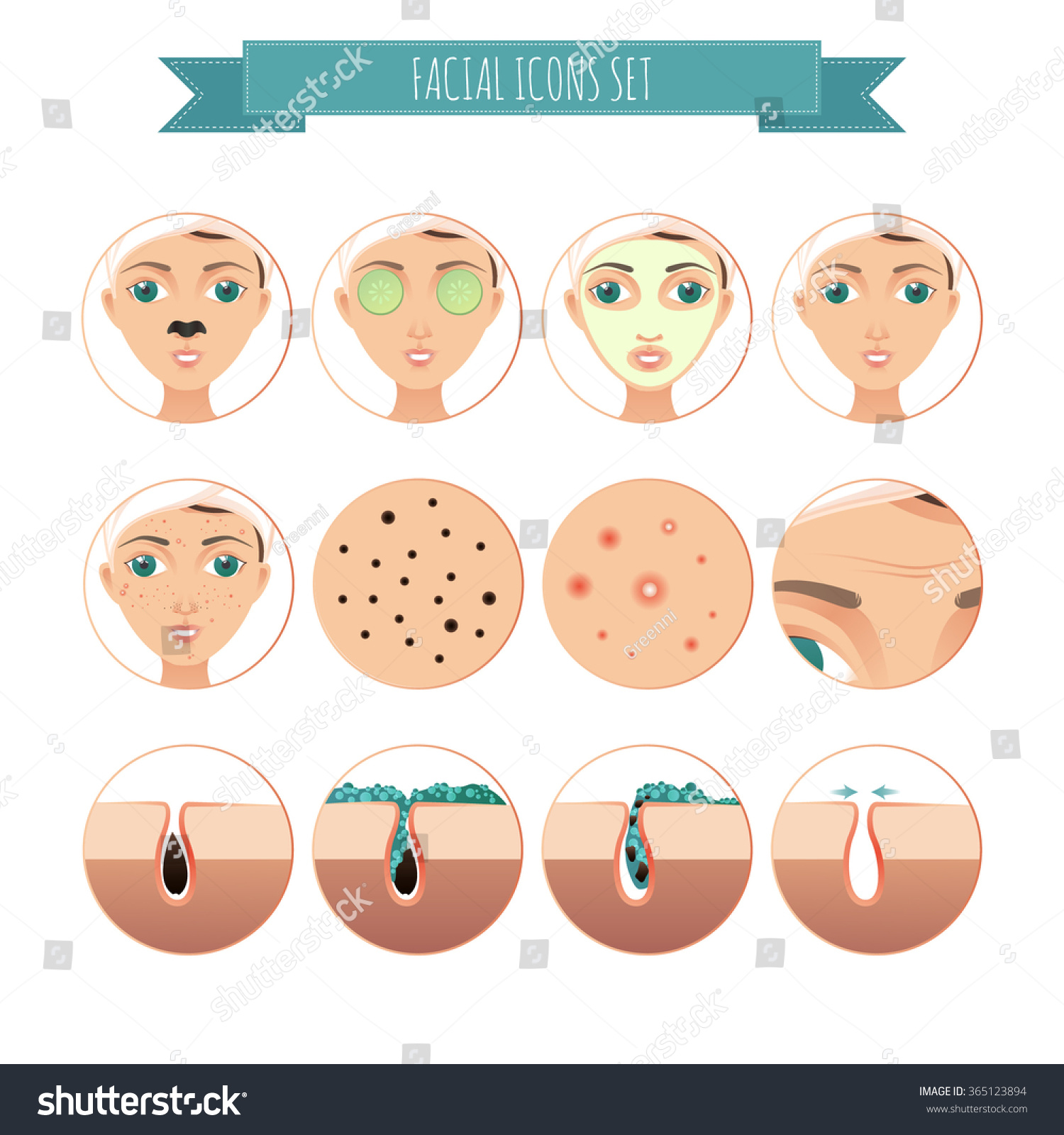 Vector Facial Icons Set In A Flat Style Of Acne, Facial Treatment ...