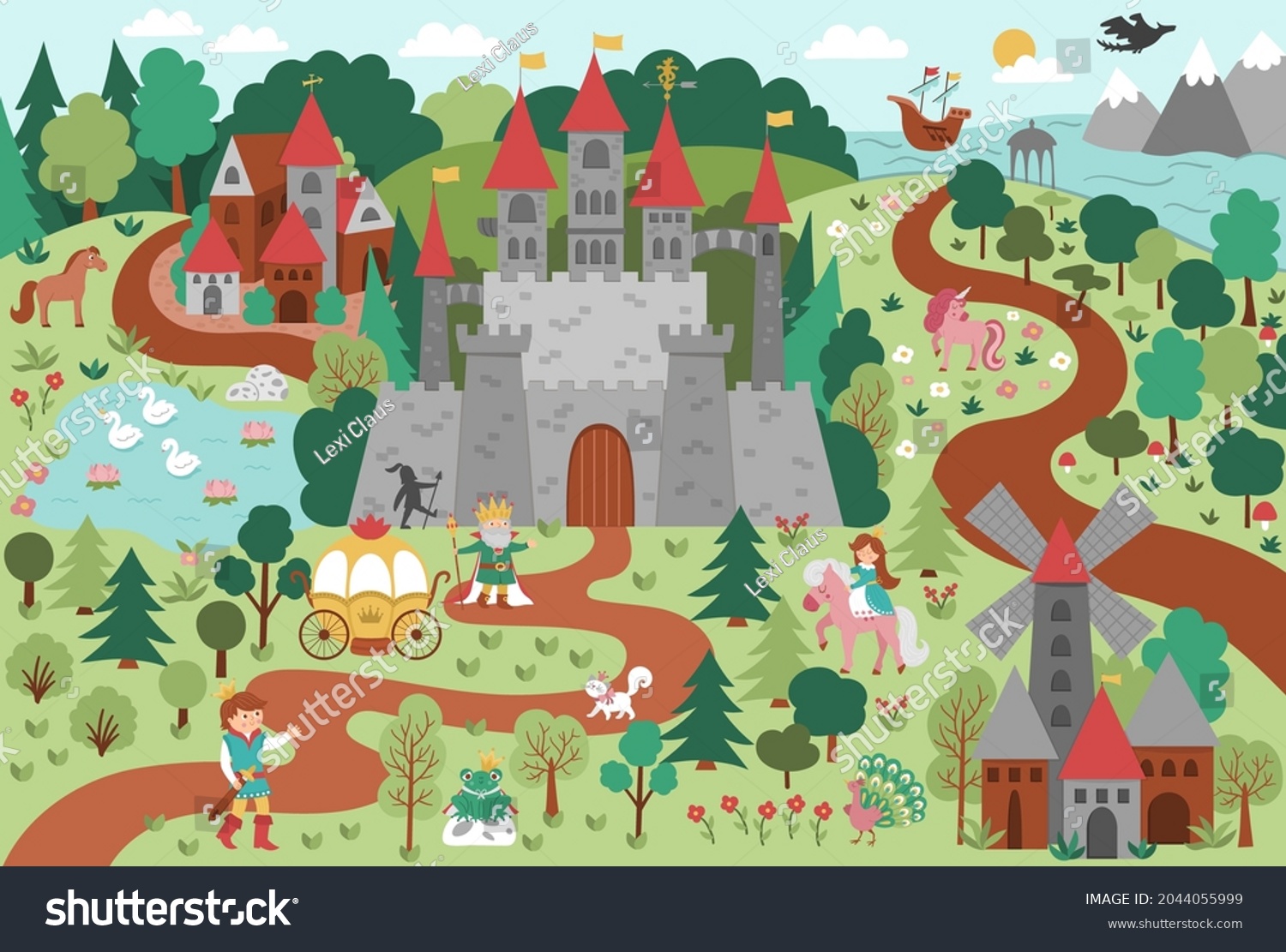 SVG of Vector fairytale kingdom illustration. Fantasy castle and characters picture. Cute magic fairy tale background with palace, sea, prince, princess, forest. Detailed medieval village landscape
 svg