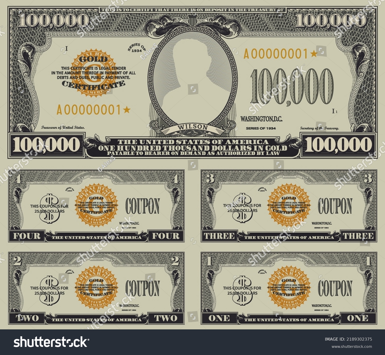 SVG of Vector fictional obverse of a US 100,000 dollars gold certificate. Four 25,000 coupons. Valuable paper. Wilson svg