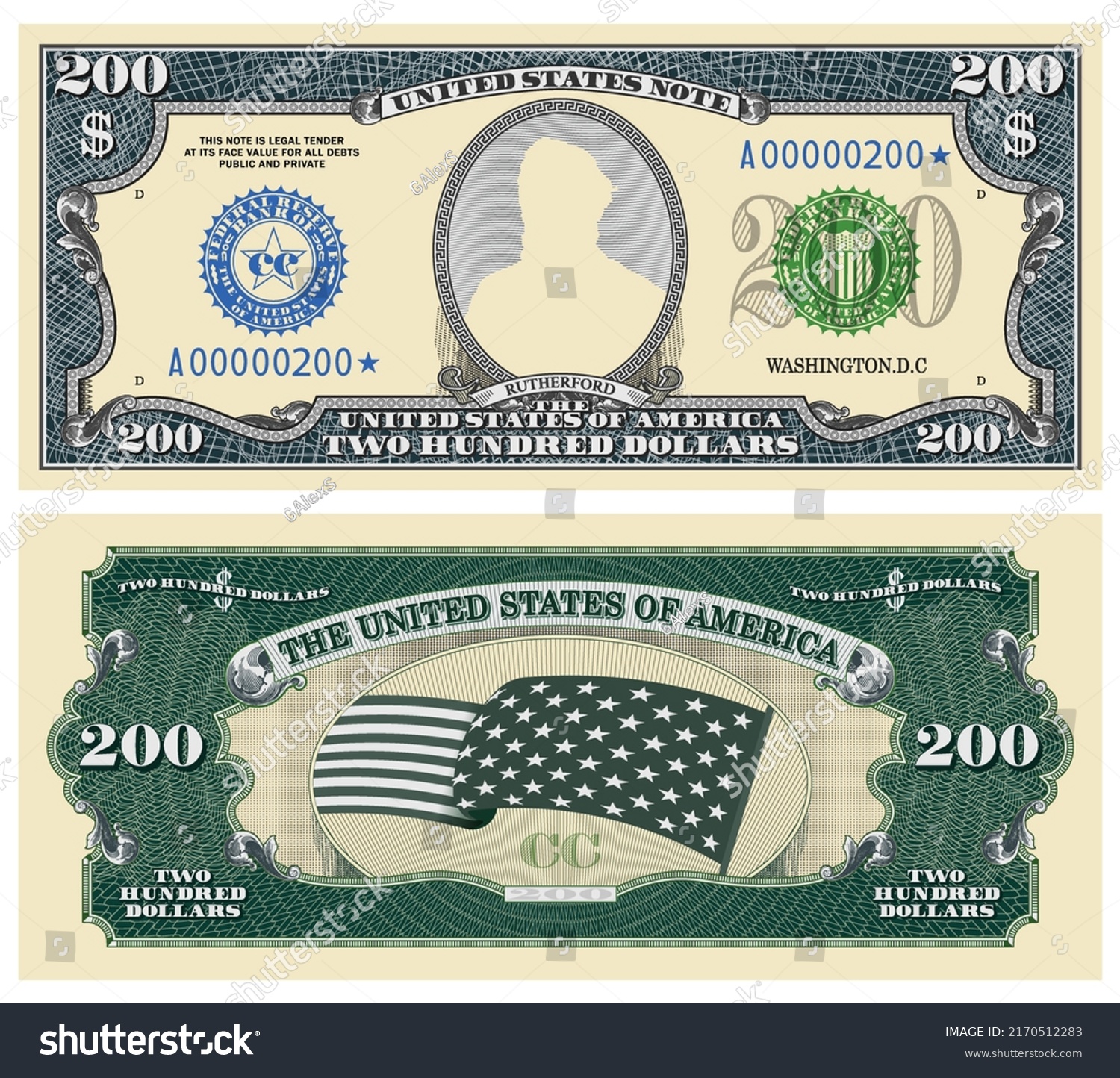 SVG of Vector fictional template obverse and reverse of US paper money. Two hundred dollars banknote. Empty oval and guilloche frames. Wavy striped stary flag. Rutherford svg