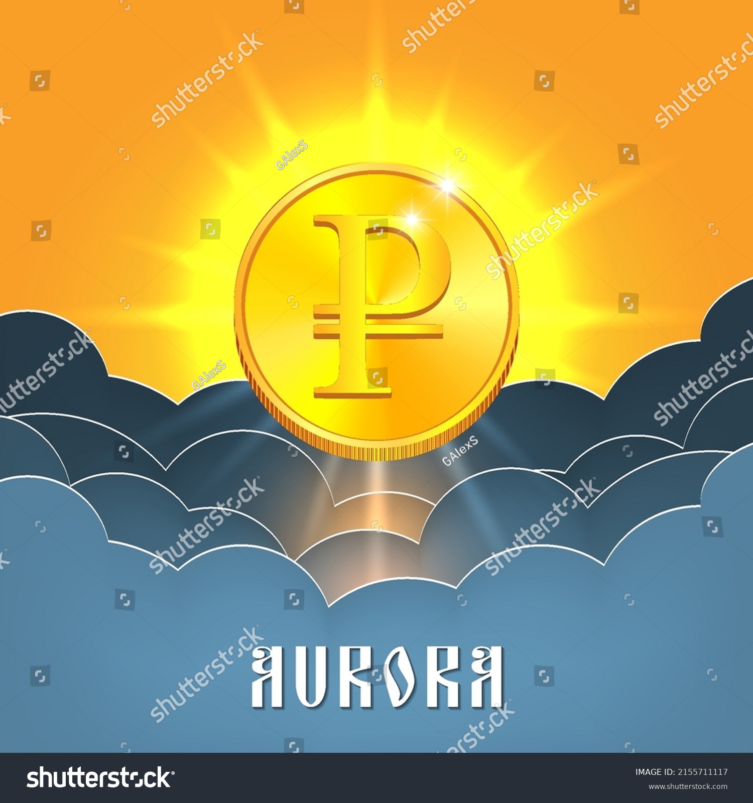 SVG of Vector financial poster. The Russian ruble coin rises above the clouds in bright rays. Aurora inscription svg