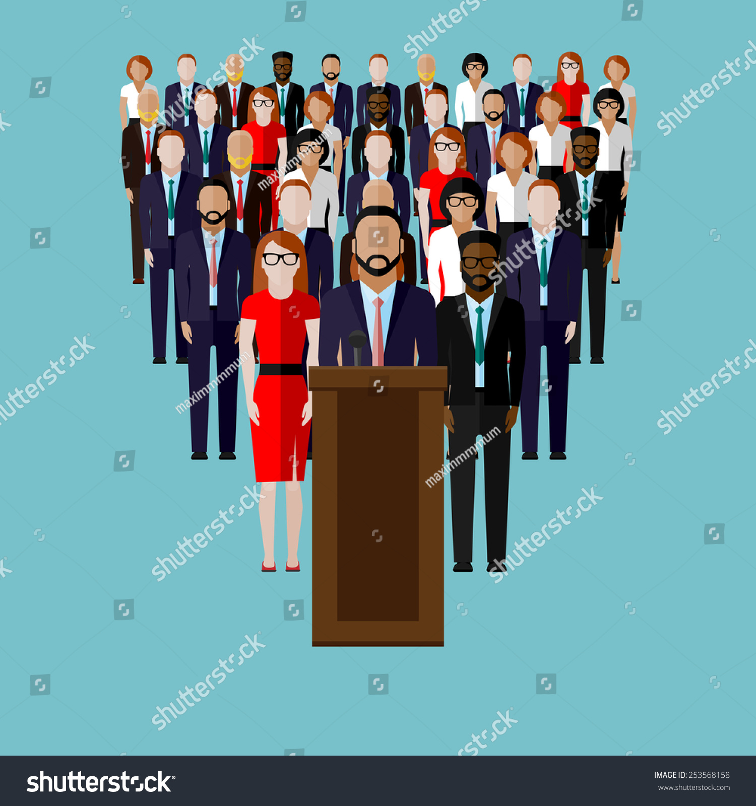 SVG of vector flat  illustration of a speaker (party candidate or leader) and team or electorate crowd. political campaign. election debates or press conference concept svg
