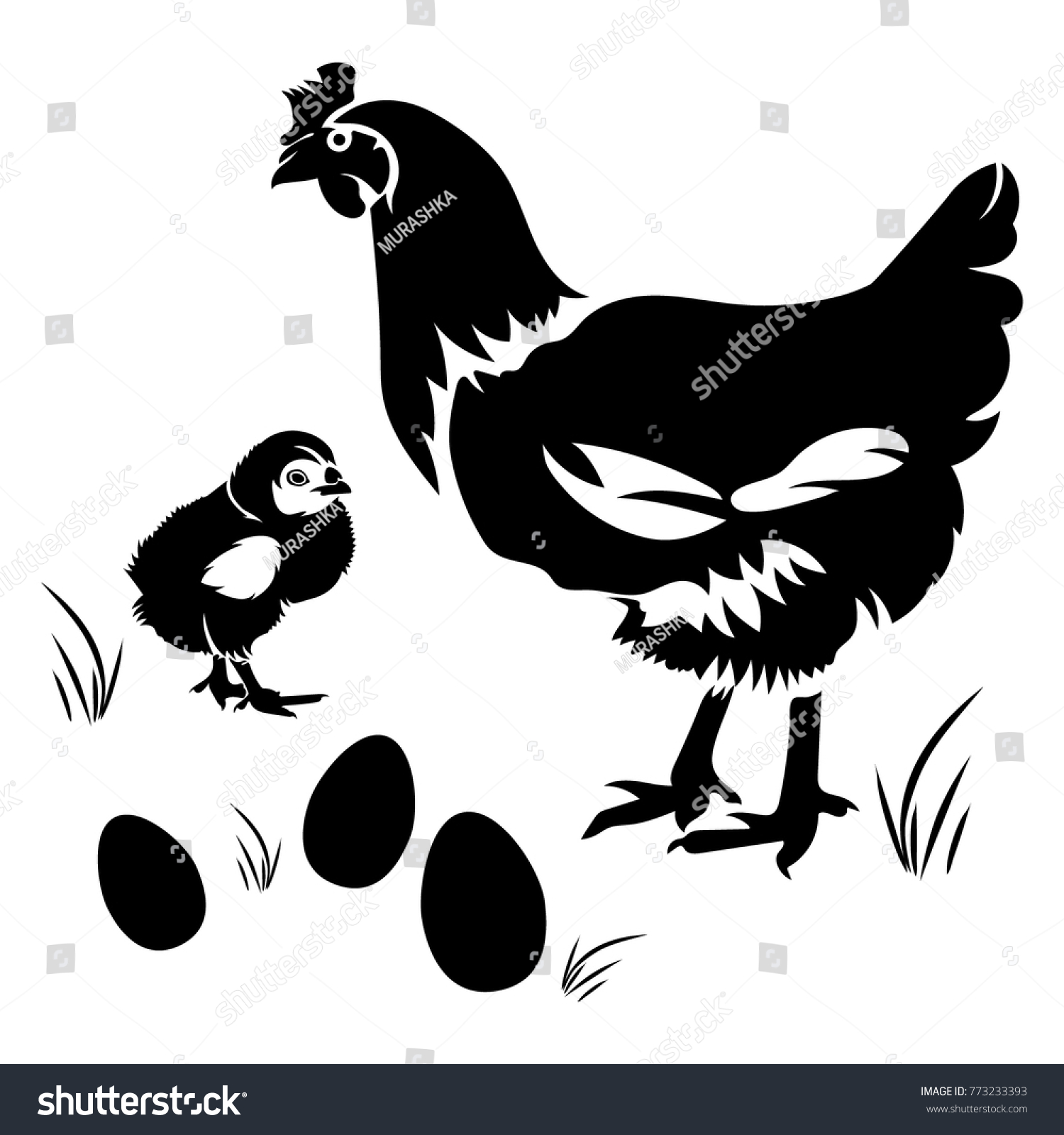 Vector Flat Illustration Black Silhouette Chicken Stock Vector Royalty Free 773233393