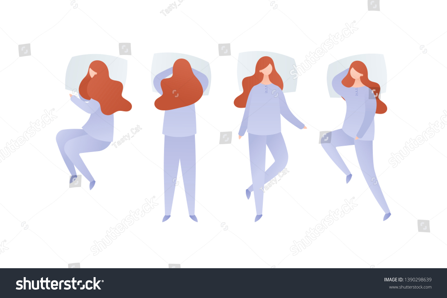 SVG of Vector flat modern character set of illustration. Group of redhead romantic beautiful women sleeping in different poses in pajamas isolated on white. Concept of sleeping in bed, insomnia, dream, relax svg