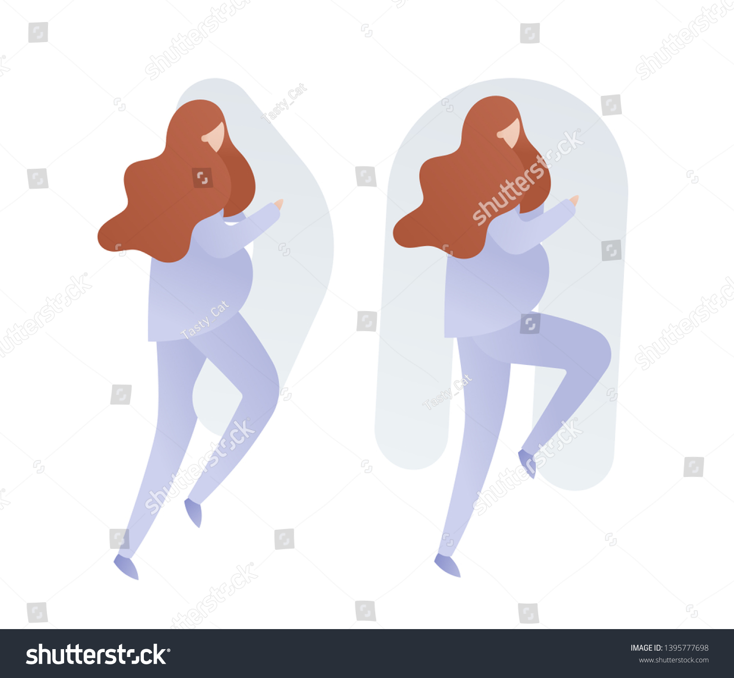 SVG of Vector flat modern character set of illustration. Pregnant redhead woman sleeping on maternity pillow in pajamas isolated on white. Concept of safe and comfort sleeping in bed, dream, baby caring. svg
