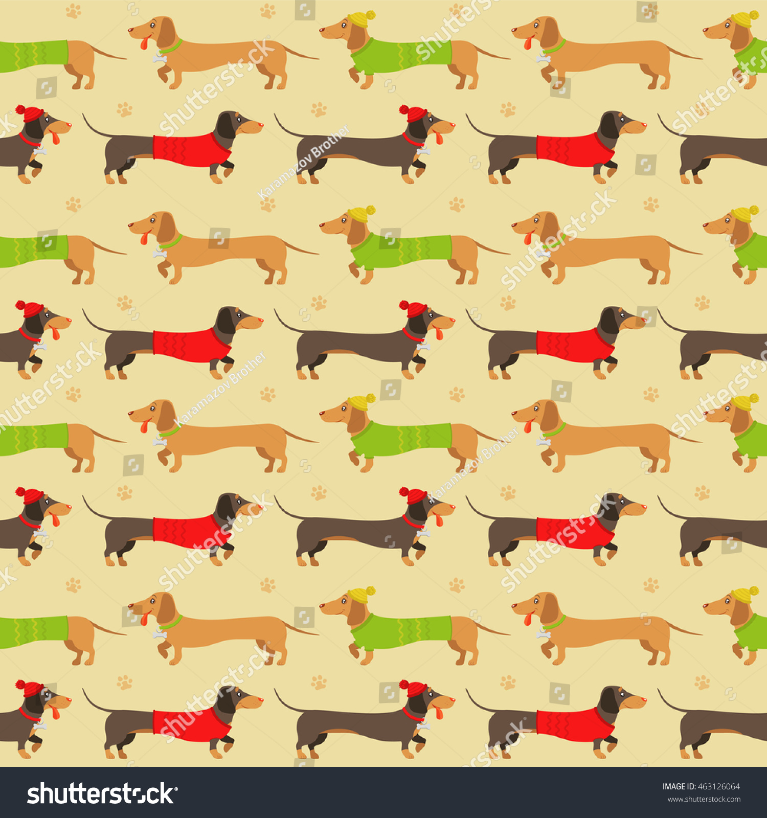 SVG of Vector flat pattern of brown and ginger dachshunds, wearing clothes, on a walk  svg
