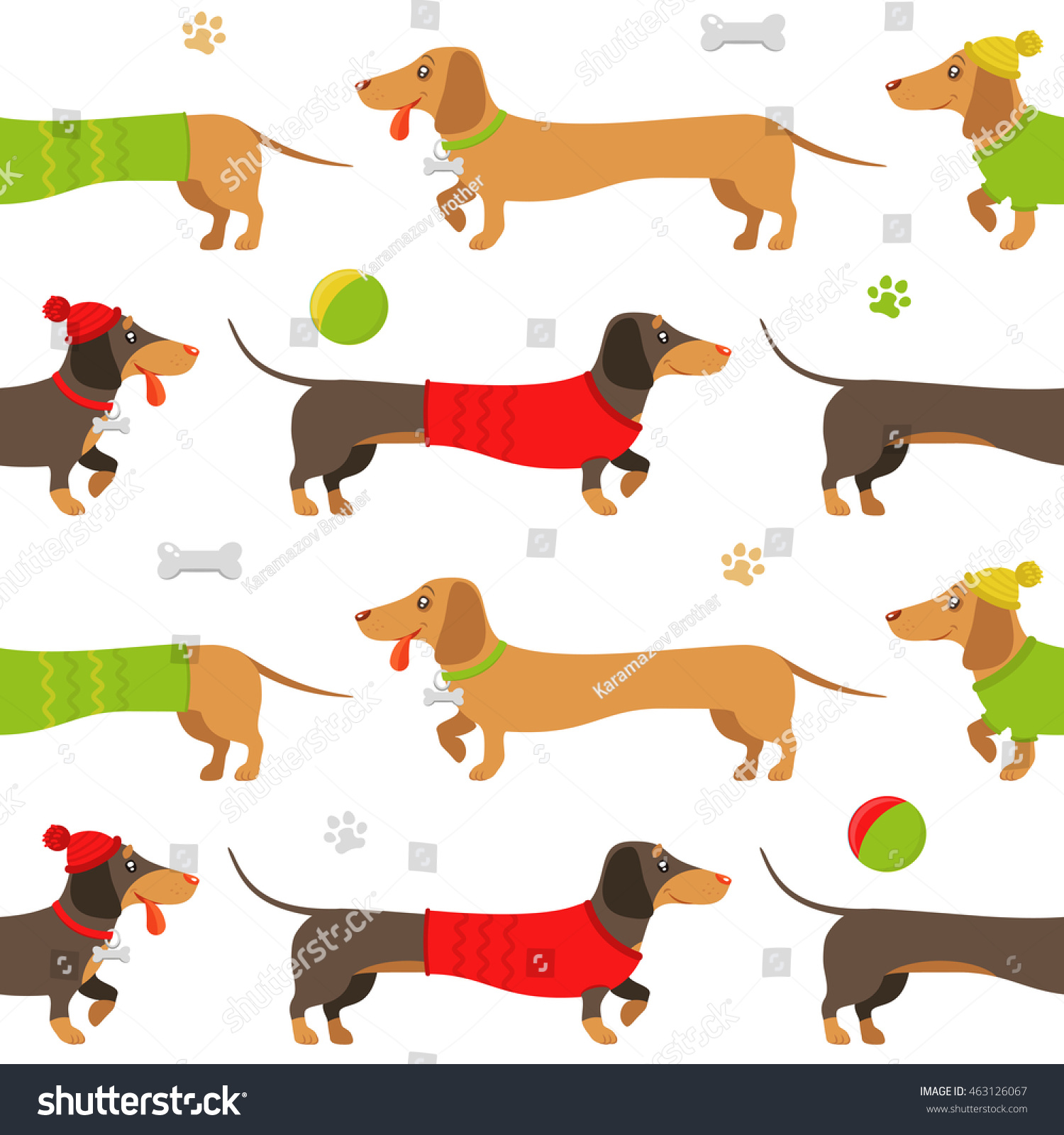 SVG of Vector flat pattern of brown and ginger dachshunds, wearing clothes, playing toys, on a walk  svg