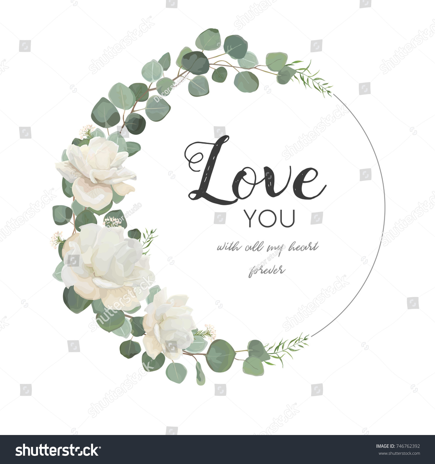 SVG of Vector floral design card. White Rose cute flower Eucalyptus branch with leaves & greenery mix round wreath. Greeting, wedding invite template.Round frame border with Love you quote. Tender copy space svg