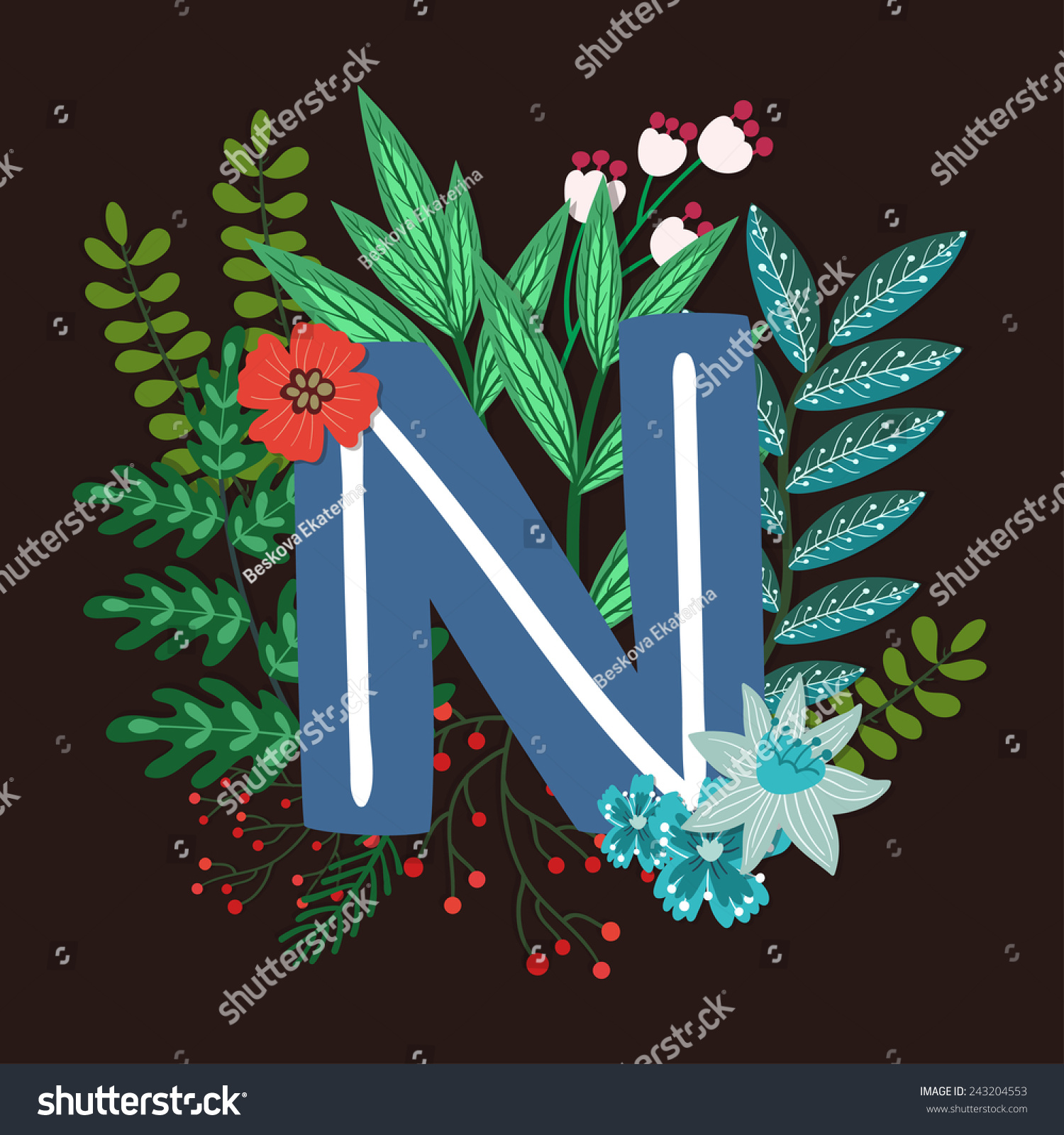 Vector Floral Letter Made From Leaves, Branches, Berries And Flowers ...