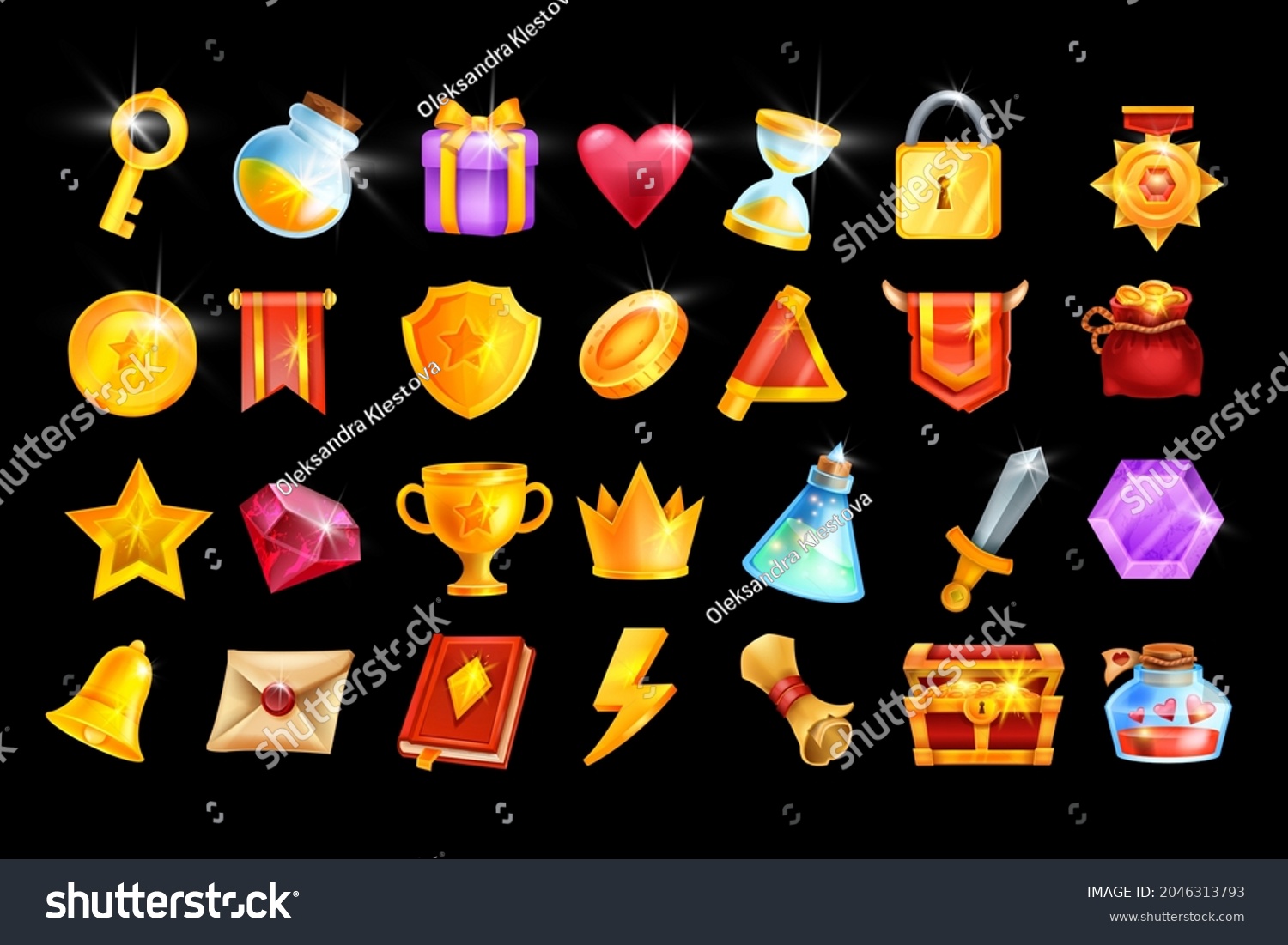SVG of Vector game icon set, mobile casino app object kit, RPG inventory badge, golden trophy cup, medal. UI design element, winner crown, red flag, treasure chest, magic potion, coin. Online game icon pack svg