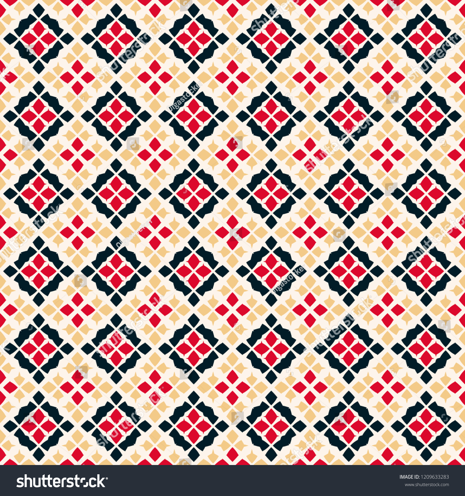 SVG of Vector geometric seamless pattern. Traditional folk ornament. Texture with small rhombuses, flower shapes, diamonds. Tribal ethnic motif. Red, black, yellow and white colors. Repeatable background svg