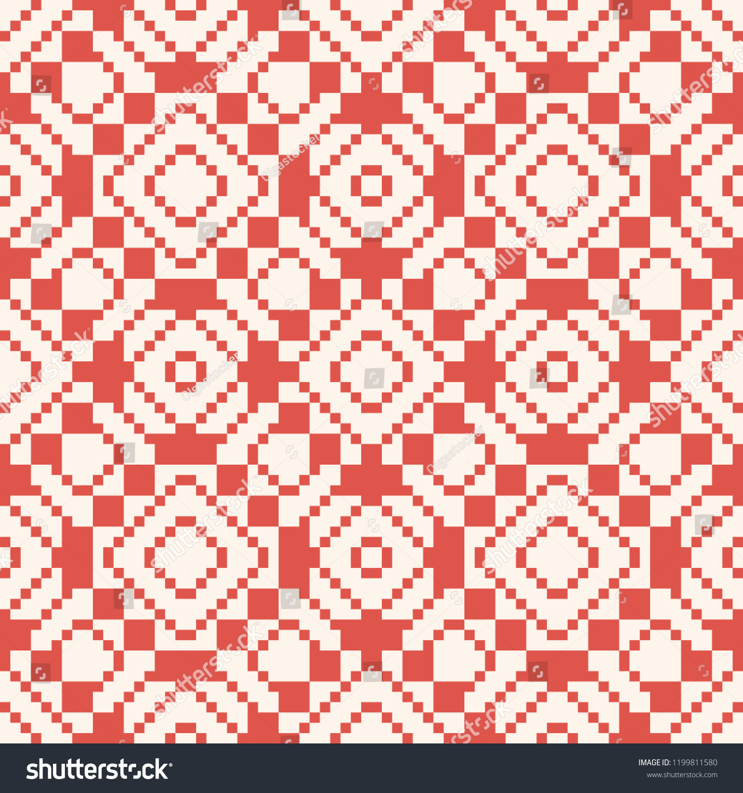 SVG of Vector geometric traditional folk ornament. Ethnic tribal seamless pattern. Ornamental background with small squares, crosses, rhombuses. Repeat texture of embroidery, knitting. Red and white colors svg