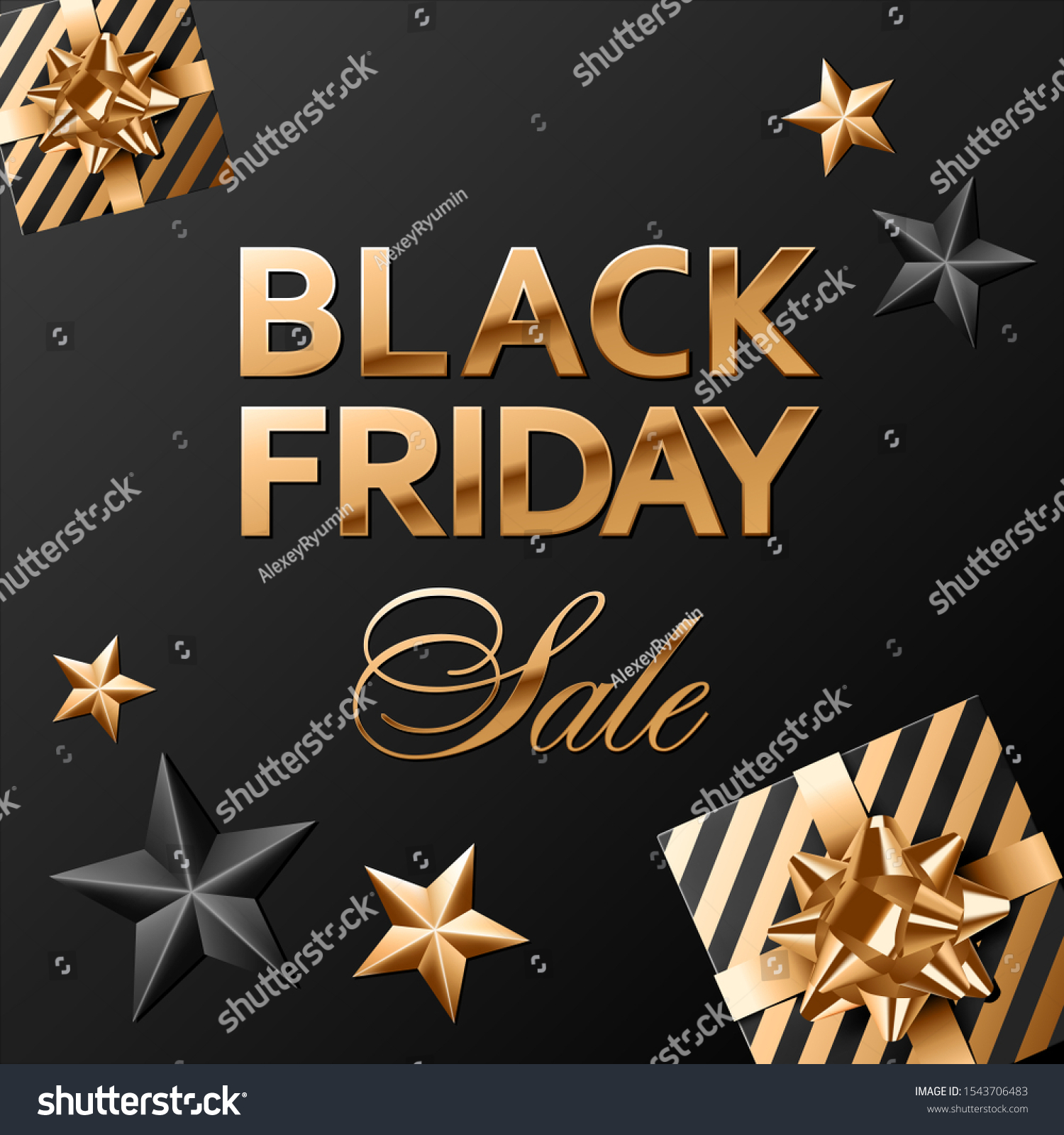 Vector gifts covered with black and gold striped paper with golden bows on black background. Black friday sale golden lettering and black and gold stars. Square banner or social network post template.
