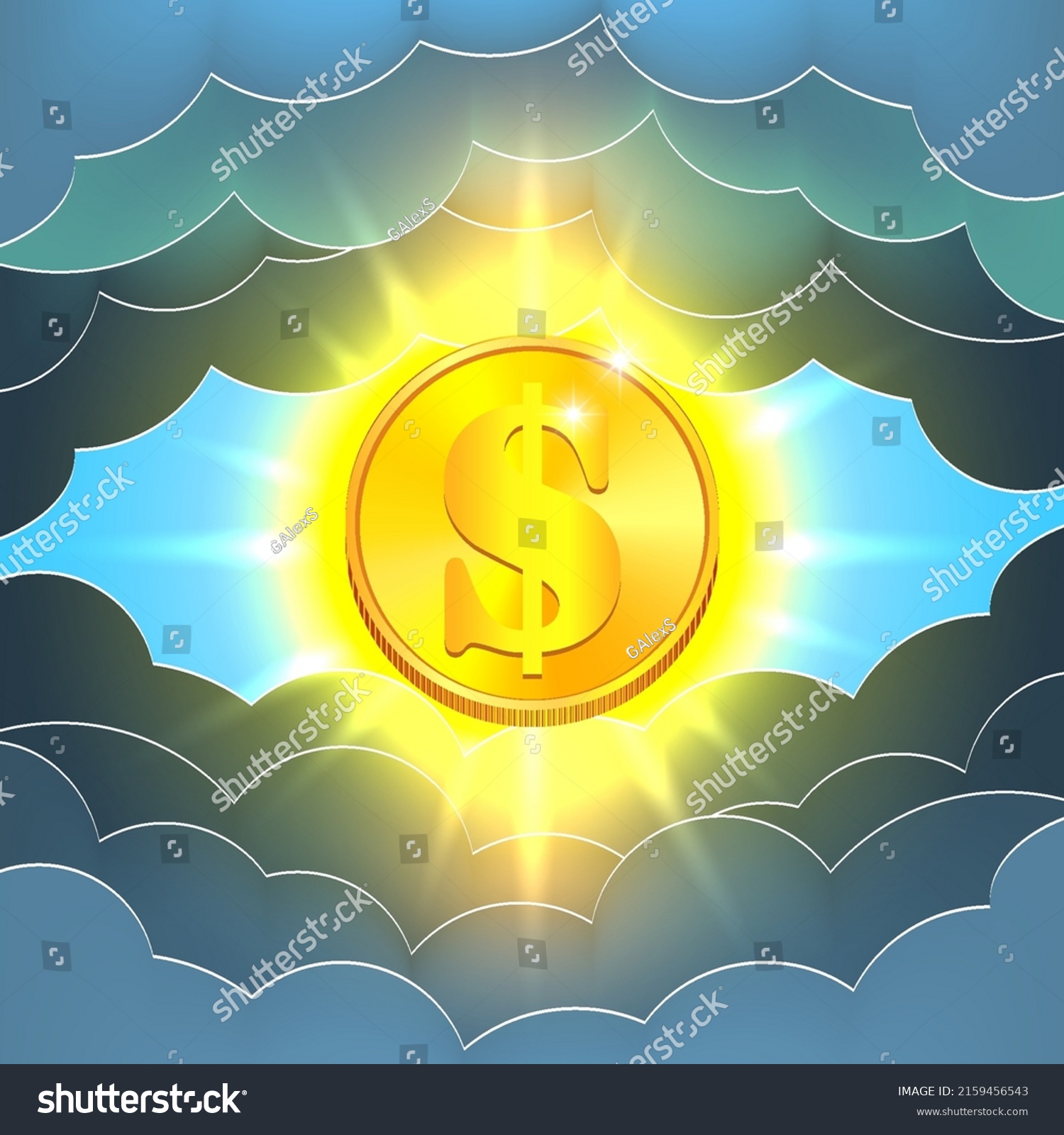 SVG of Vector golden brightly glowing radiant dollar coin in dark stylistic clouds svg