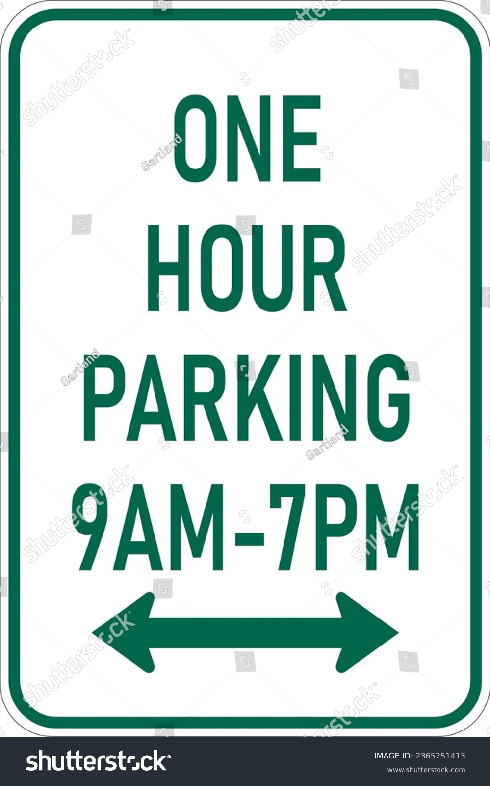 SVG of Vector graphic of a green usa One Hour Parking and times MUTCD highway sign. It consists of the wording One Hour Parking and restricted times contained in a white rectangle svg